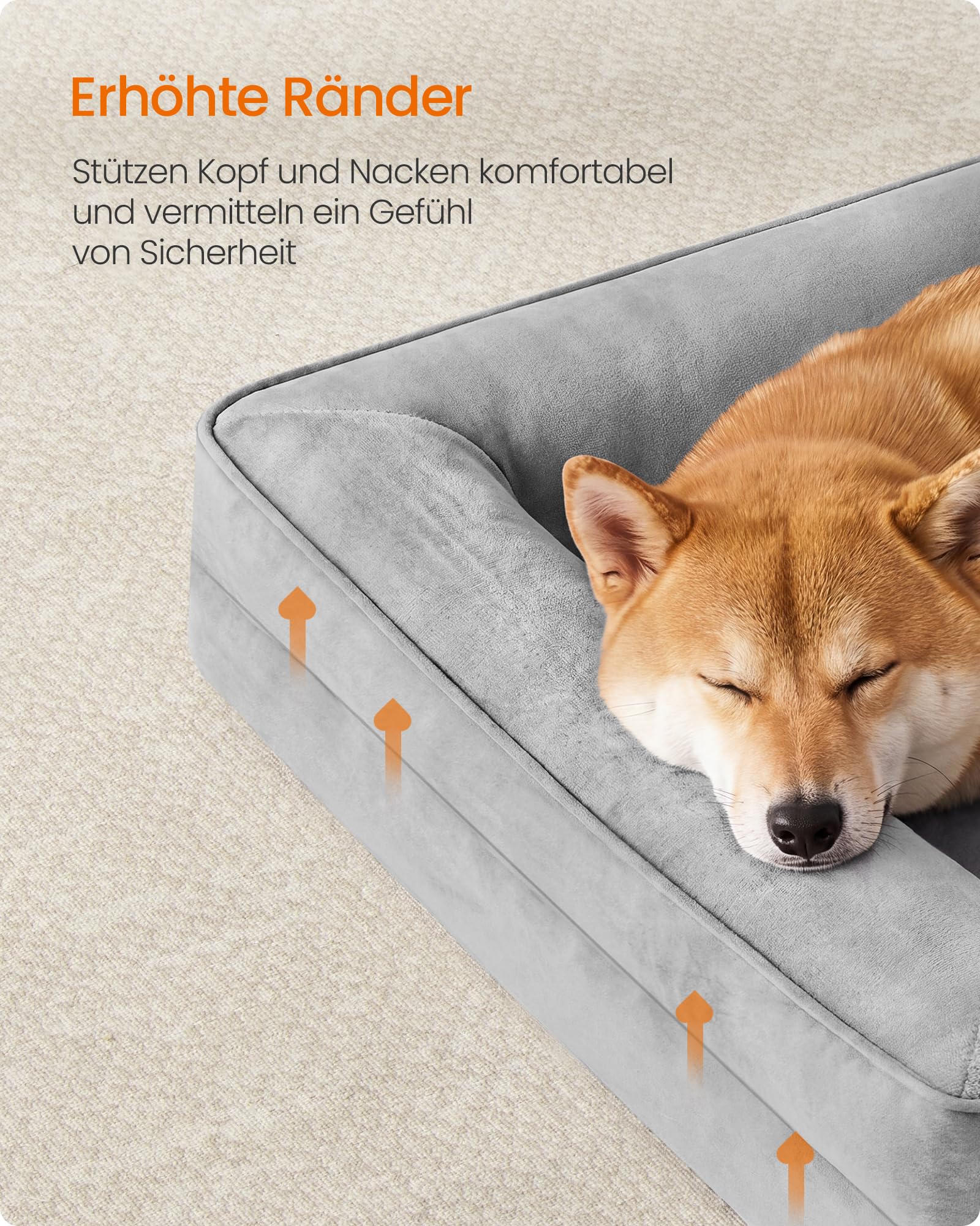 Feandrea Orthopädisches Hundebett, Hundekissen L, erhöhter Rand, Noppenschaumstoff, Bezug abnehmbar, waschbar, rutschfest, Innenfutter wasserabweisend, Taubengrau, 89 x 63 x 16 cm PGW322GD01