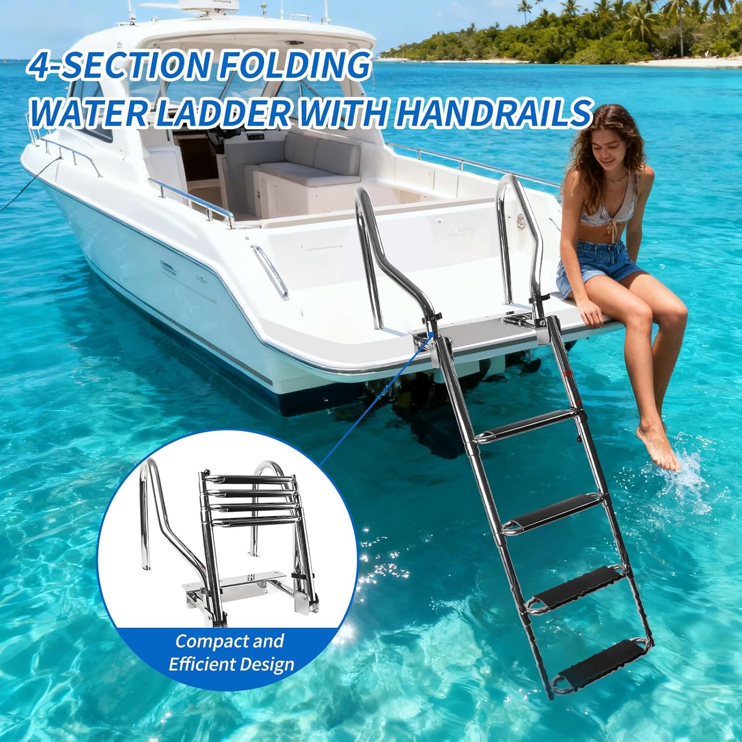Hoffen Heavy Duty Pontoon Boat Ladder, 316 Stainless Steel 4 Step Telescoping Folding Large Ladder with Strong Safer Handrails Rear Entry Inboard Swim Ladder All Welded Reinforce Wide Steps