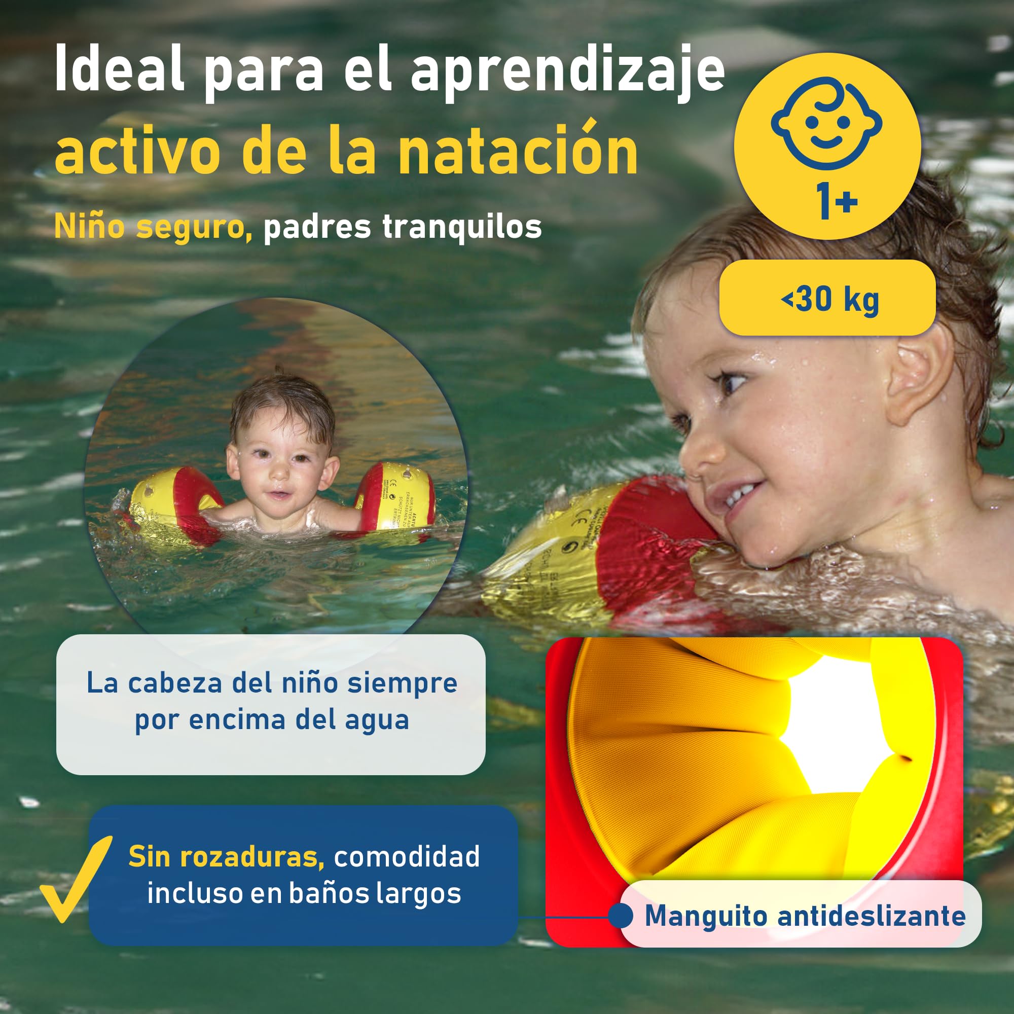 Cherek’s KraulQuappen Manguitos de natación para niños avanzados - Ayuda de flotación compacta hasta 30 kg - Manguitos para Aprender a Nadar Amarillo-Rojo