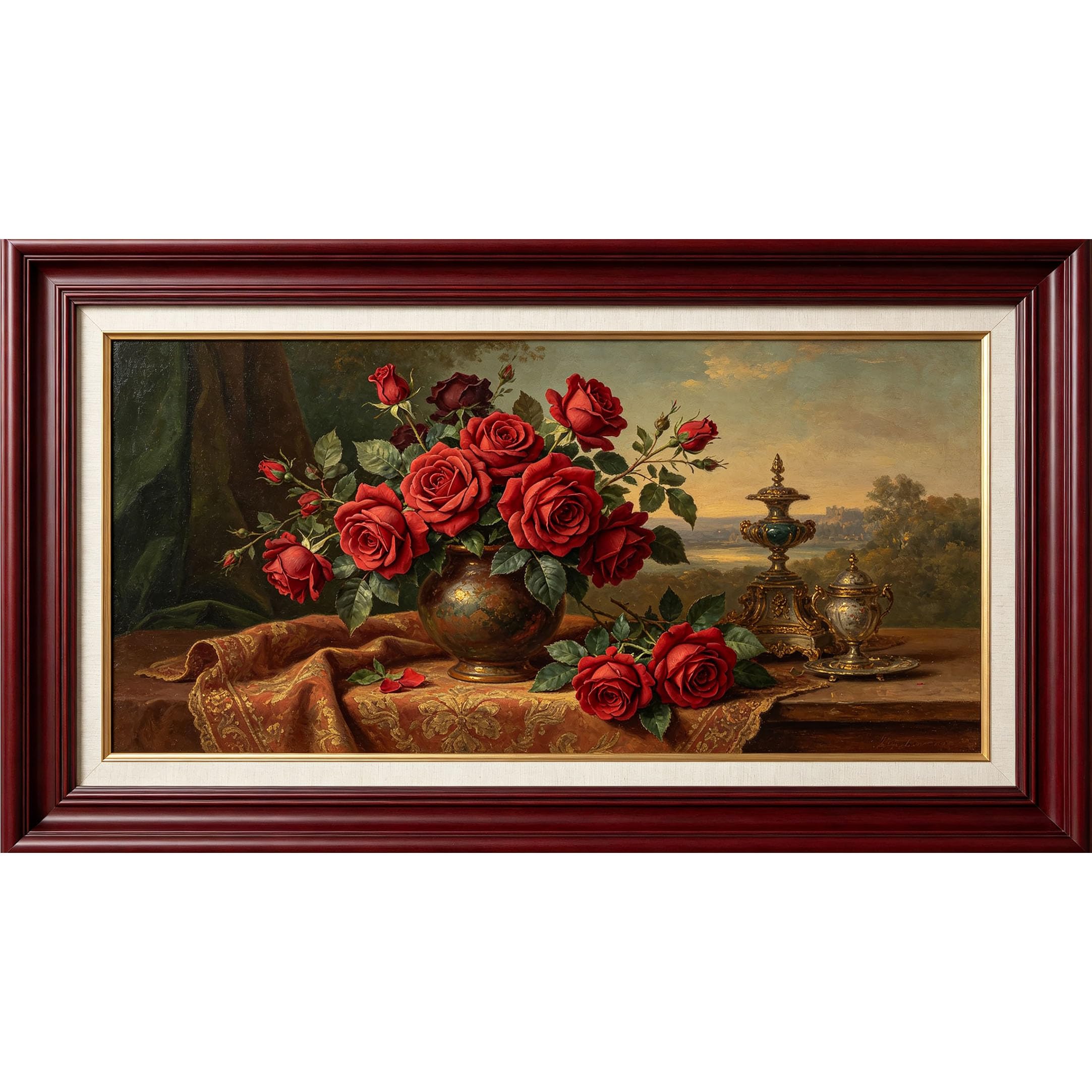 QZLITHOTIC 50x90cm3D Framed Wall Art， Vintage Red Rose Bouquet Still Life Self‑Adhesive Mural， Water‑Activated Peel & Stick Fabric Decor Wall Decal for Bedroom Living Room