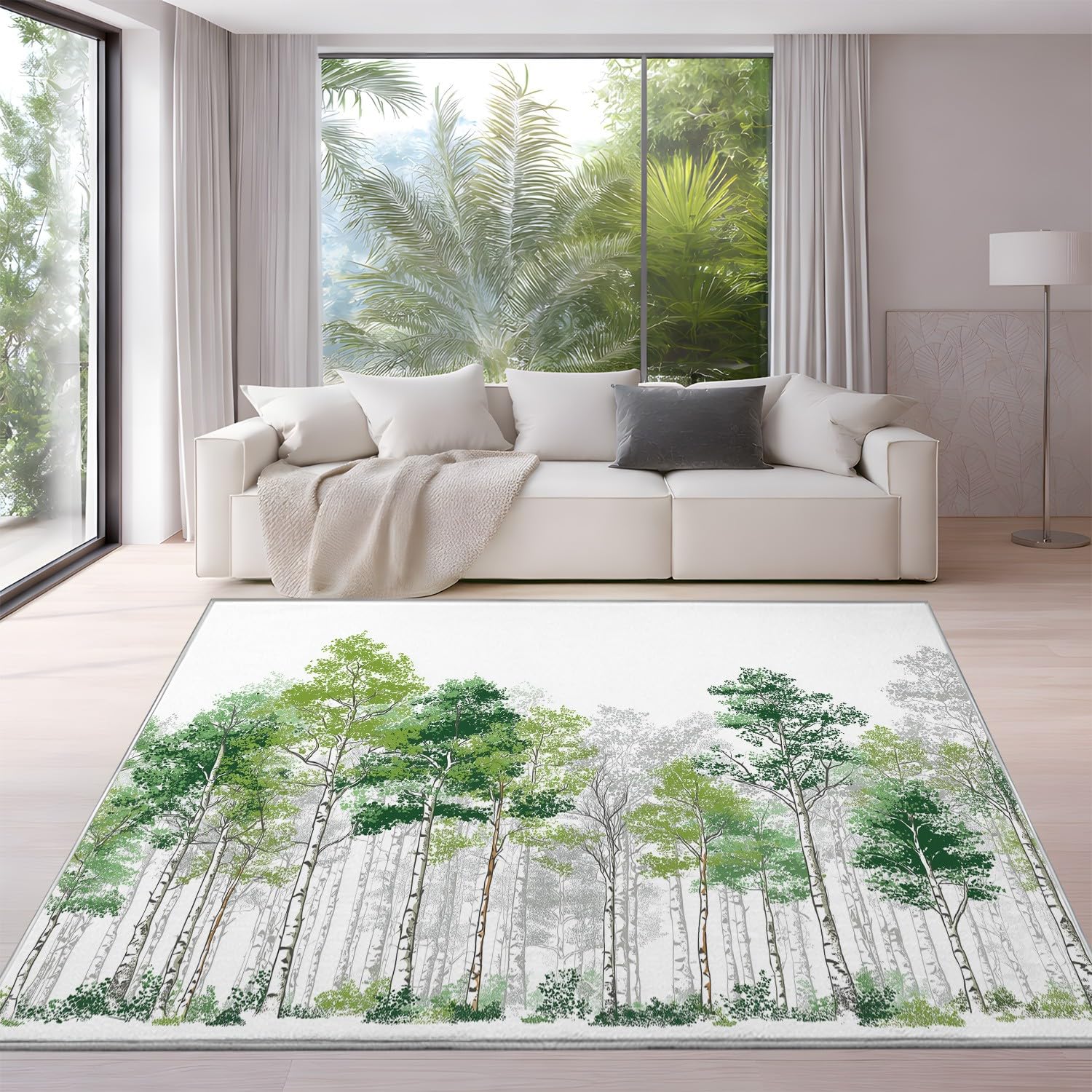 Generyczna wycieraczka do użytku w pomieszczeniach, 160 x 230 cm, nadaje się do prania w pralce, nowoczesna, minimalistyczna, naturalny las, biało-zielony dywan, antypoślizgowy dywan z niskim runem do