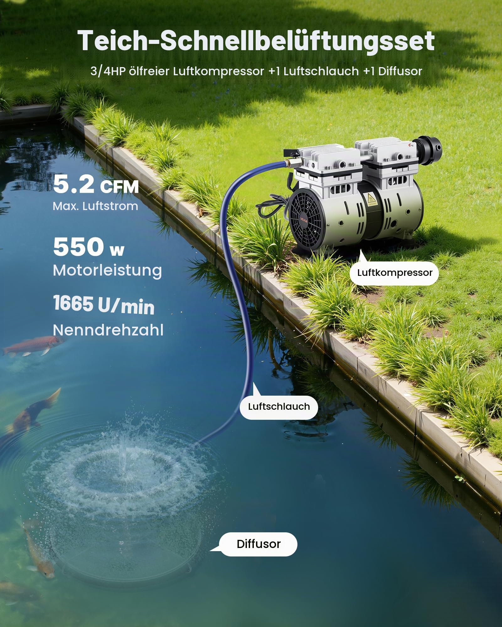 VEVOR Teichbelüftungspumpen-Set 550-W-Teichbelüftungssystem 1400 U/min