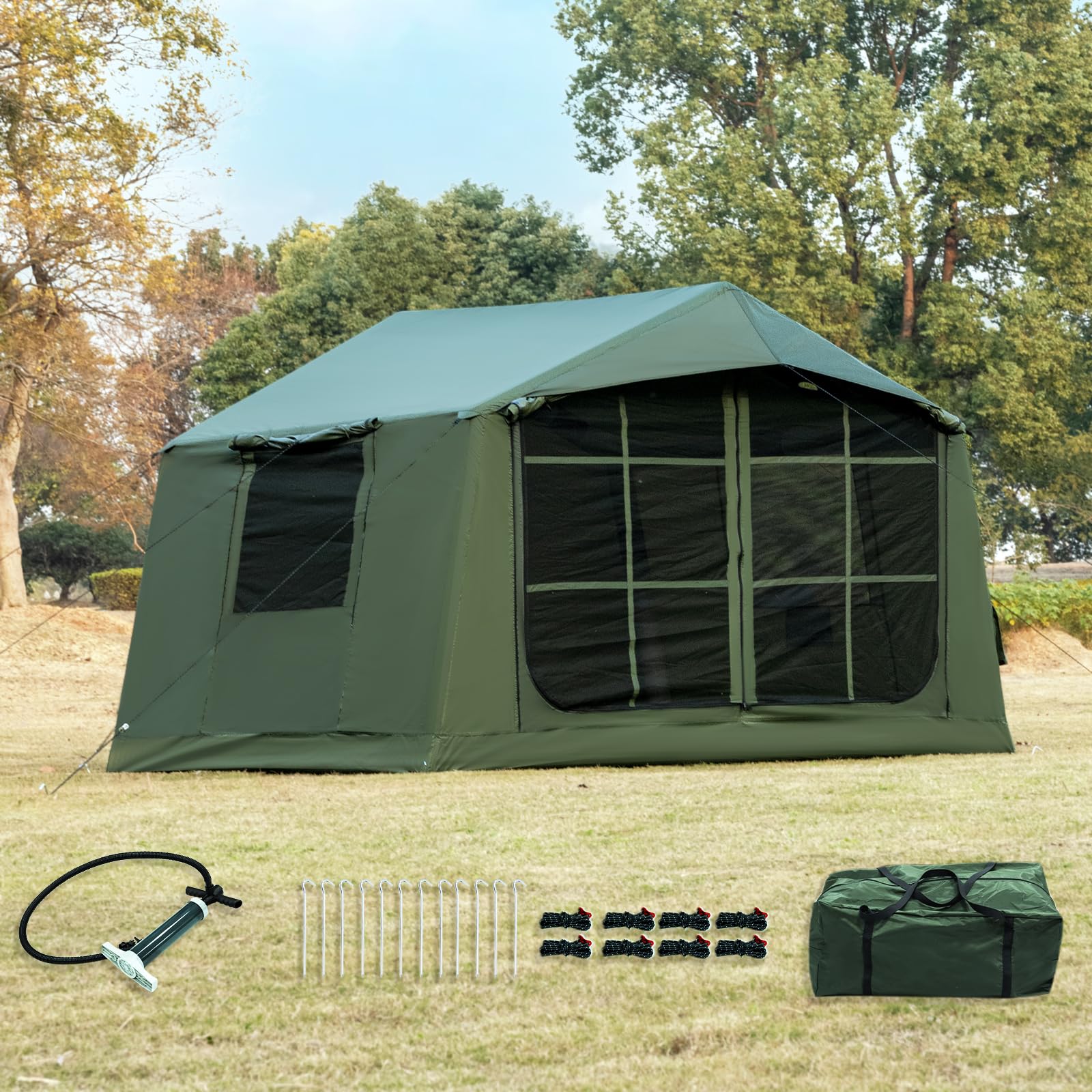 Tente de camping gonflable avec ouverture de cheminée, tente gonflable pour 4 à 6 personnes avec pompe à air, tentes gonflables en tissu Oxford imperméable pour les saisons, montage rapide