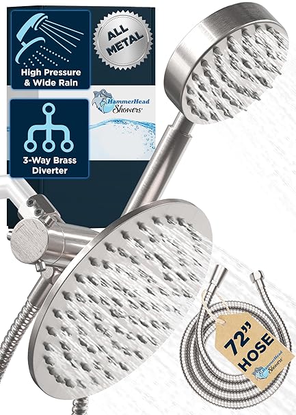 ALL METAL Dual Shower Head Combo BRUSHED NICKEL - 8 Inch Rainfall High Flow Shower Head & Handheld Shower Head High Pressure with Hose 6ft - Luxurious Double Shower Heads with Rain Shower Sprayer