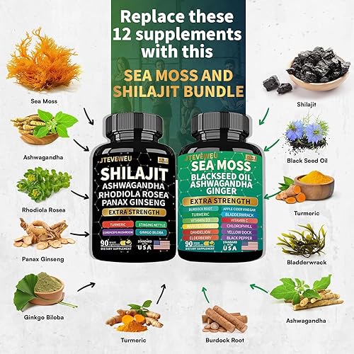 Miniatura 4 de Paquete de shilajit y musgo marino - 90 unidades - Musgo marino, Ashwagandha, Shilajit, Rhodiola Rosea y jengibre, suplementos todo en 1