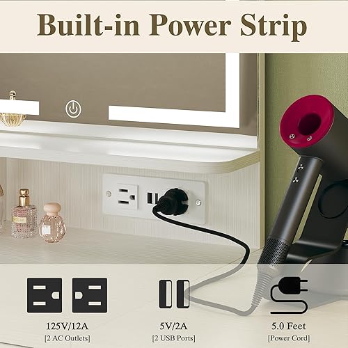 Miniatura 5 de Pequeño escritorio de tocador con espejo y luces, tocador de maquillaje con cajón de almacenamiento de tela, silla y tres estantes, tocador blanco