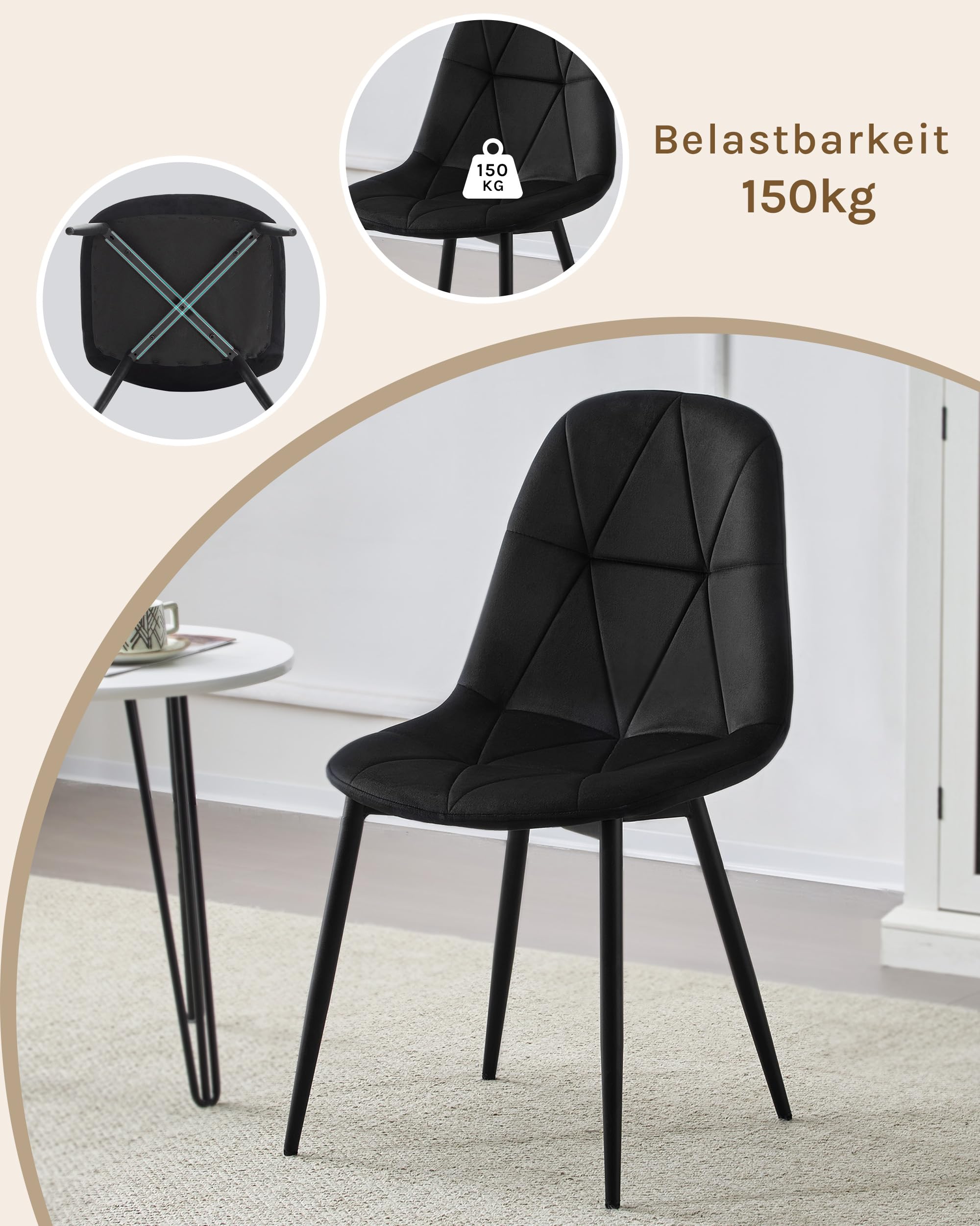 Lestarain Esszimmerstühle 4er Set mit Rückenlehne, für Esszimmer Küche Wohnzimmer, Küchenstühle gepolstert mit Samtbezug, aus Metall, ergonomisches Design, Schwarz
