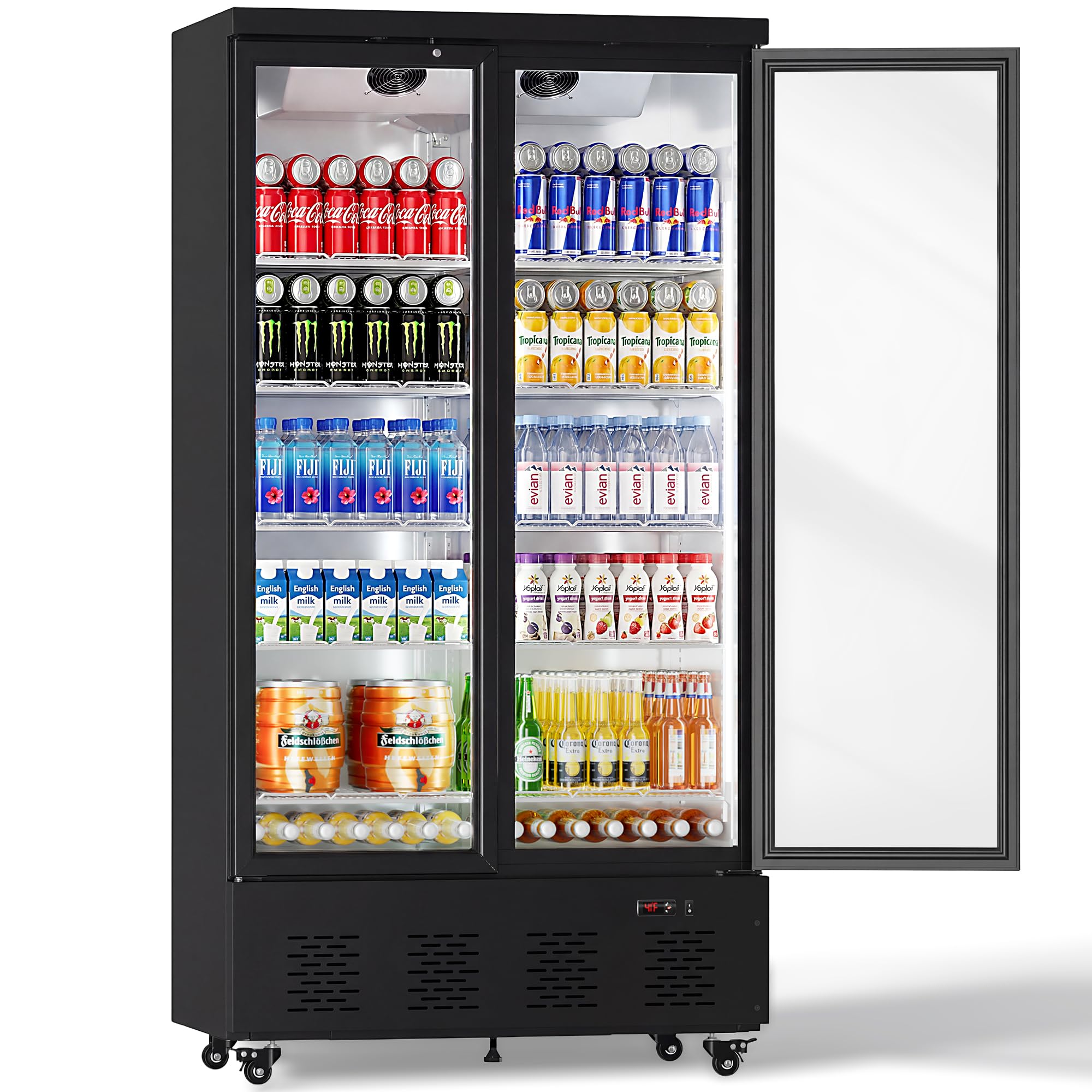 34 Cu.Ft Commercial Display Refrigerator, Space-Saving 2-Door Glass Front Merchandiser, Reach-in Beverage Cooler with Lock for Cafe, Office and Small Grocery, 10 Removable Shelves
