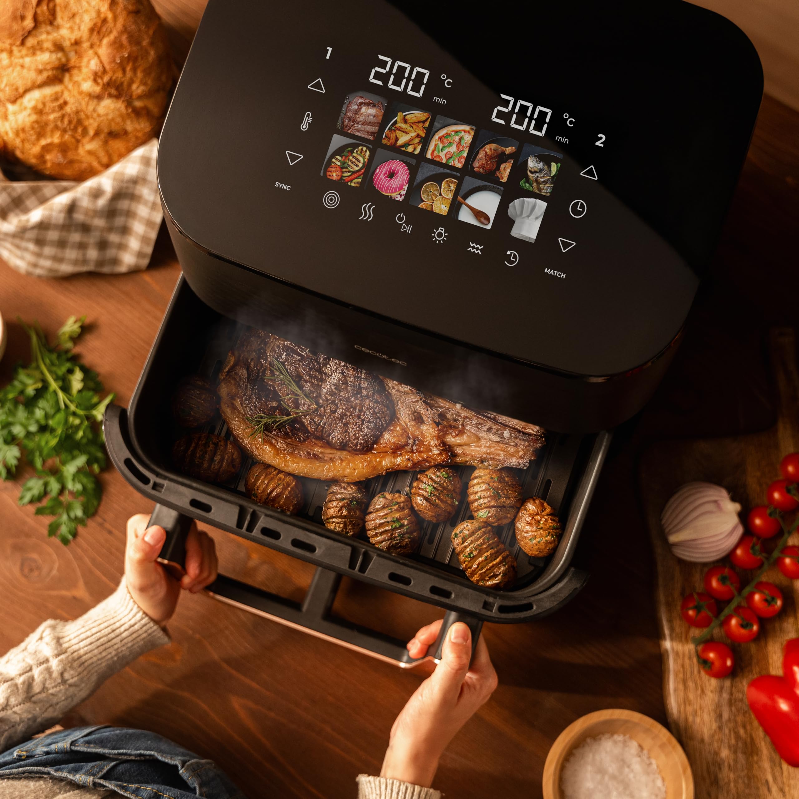 Cecotec Friggitrice ad Aria 11L con triplo Grill e Affumicatore Cecofry&Grill Smokin' 11000 Plus. 2900 W, 200º máx, Grill Superiore e Inferiore, Doratura Perfetta, Gusto Griglia, Parete Divisoria