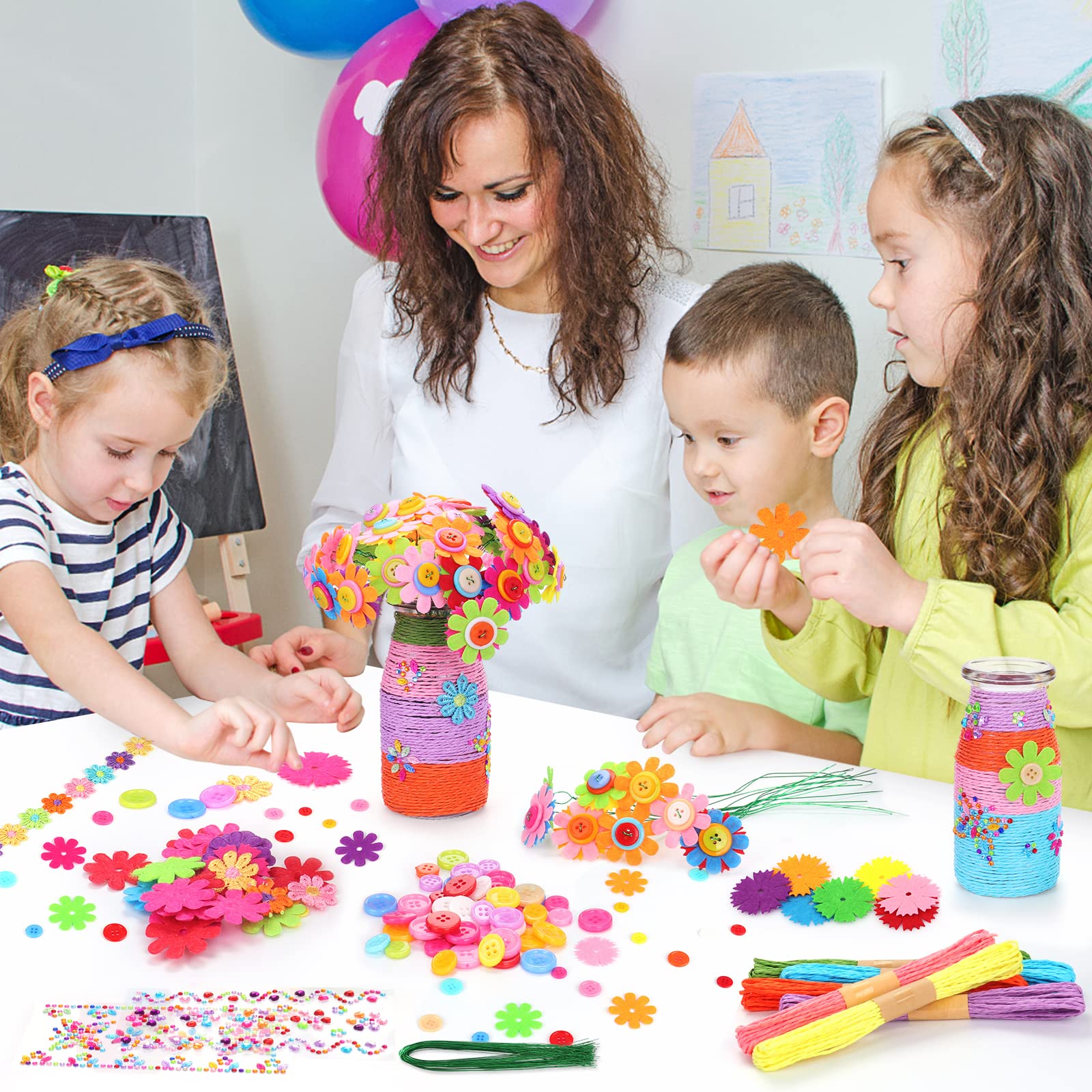 Kit di fiori per bambini, Divertente kit fai da te per ragazze, ragazzi, bambini, arti, 2 vasi di fiori in vetro, bottone colorato, Fiori di feltro, feste per bambini di età compresa tra 5 6 7 8 9 10