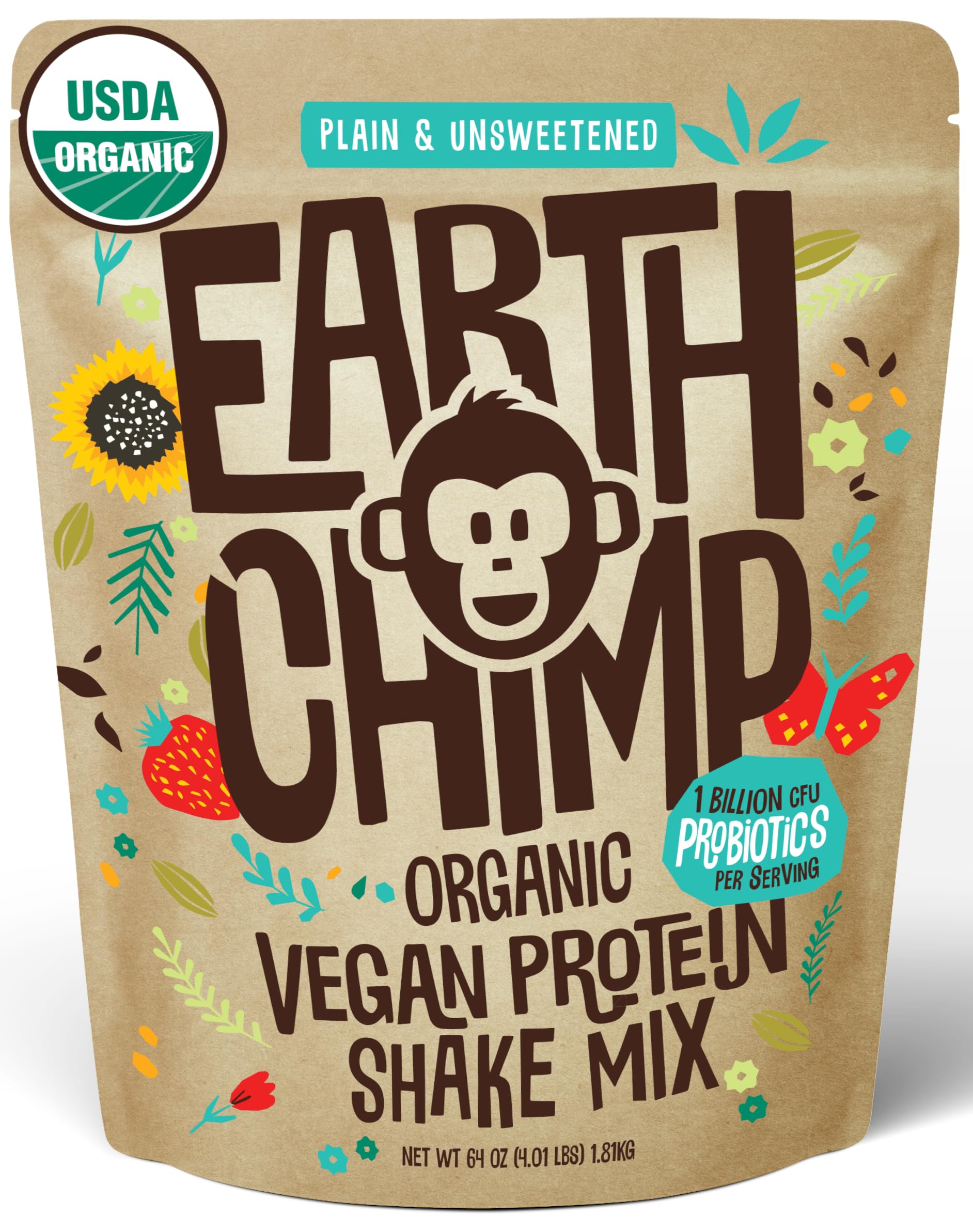 EarthChimp Organic Vegan Protein Powder - with Probiotics - Non GMO, Dairy Free, Non Whey, Plant Based Protein Powder for Women and Men, Gluten Free - 52 Servings, 64 Oz (Plain & Unsweetened)