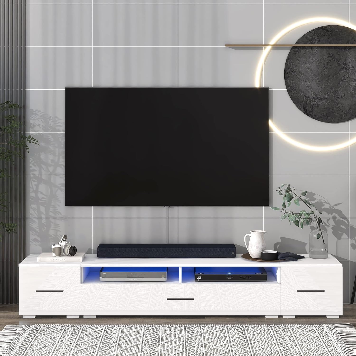 LUMISOL White LED TV Stand for 90 inch TV, Extended Design