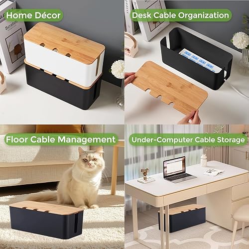 Miniatura 7 de Caja organizadora de cables, color negro, paquete de 2, caja de gestión de cables de madera con soportes para clips para cables y bridas