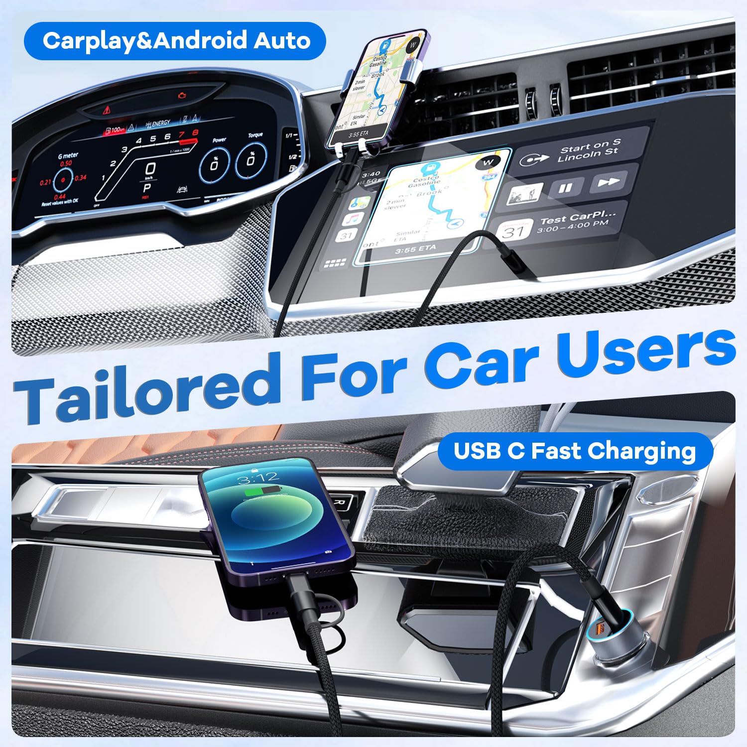 IDISON Cavo USB C a USB C/Lightning 2 in 1, 60 W Max, 2 cavi USB C da 1,2 m, ricarica rapida, cavo di ricarica multi cavo di ricarica per iPhone, per auto, iPhone 16/15/14/13, Samsung, MacBook, Pad e