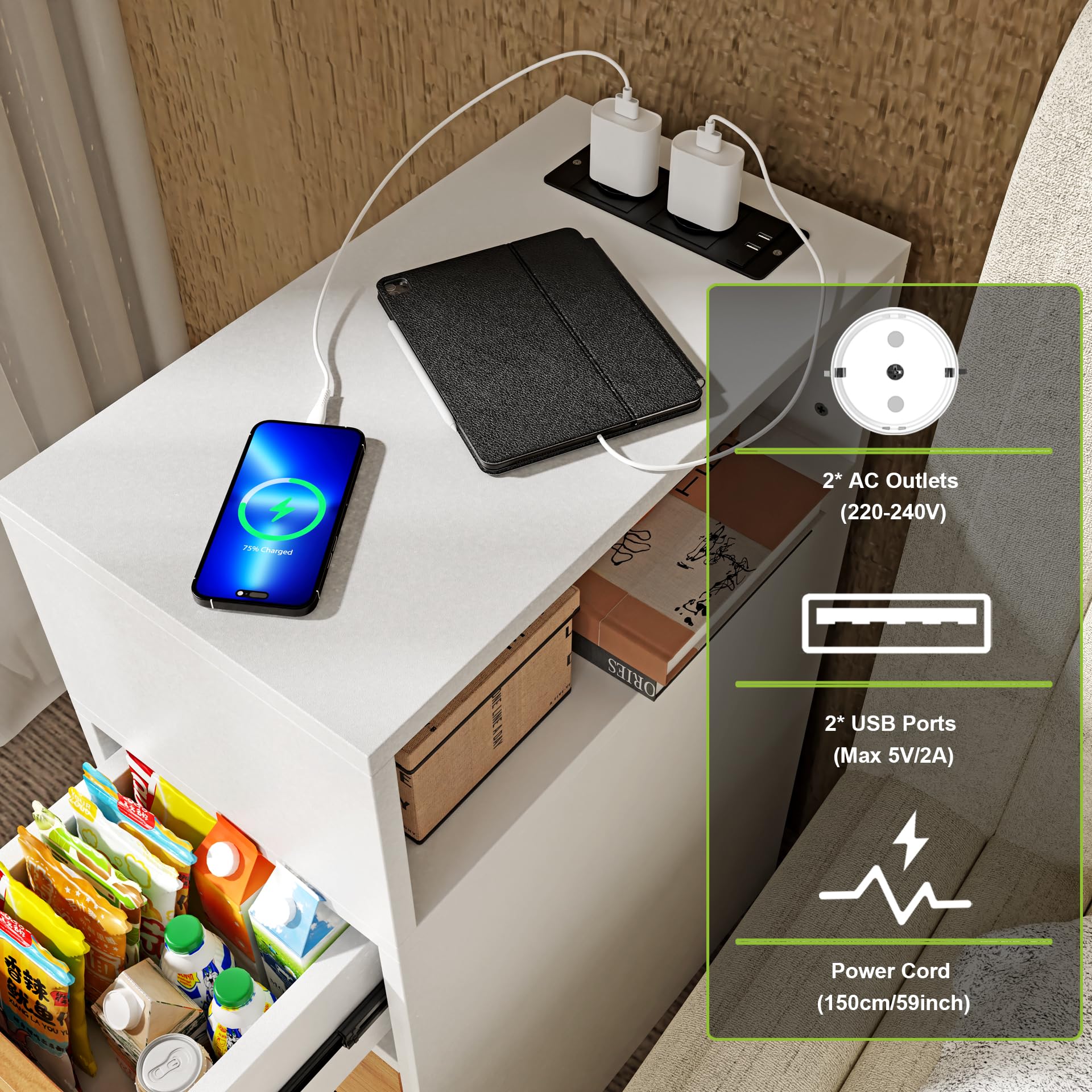 Juego de 1 Mesitas de Noche Estrechas, Mueble Auxiliar 3 Cajón y 1 Compartimentos, Mueble Auxiliar Estrecho con 2 Enchufes y 2 Puertos USB, Mesita de Noche Madera Dormitorio, Blanco