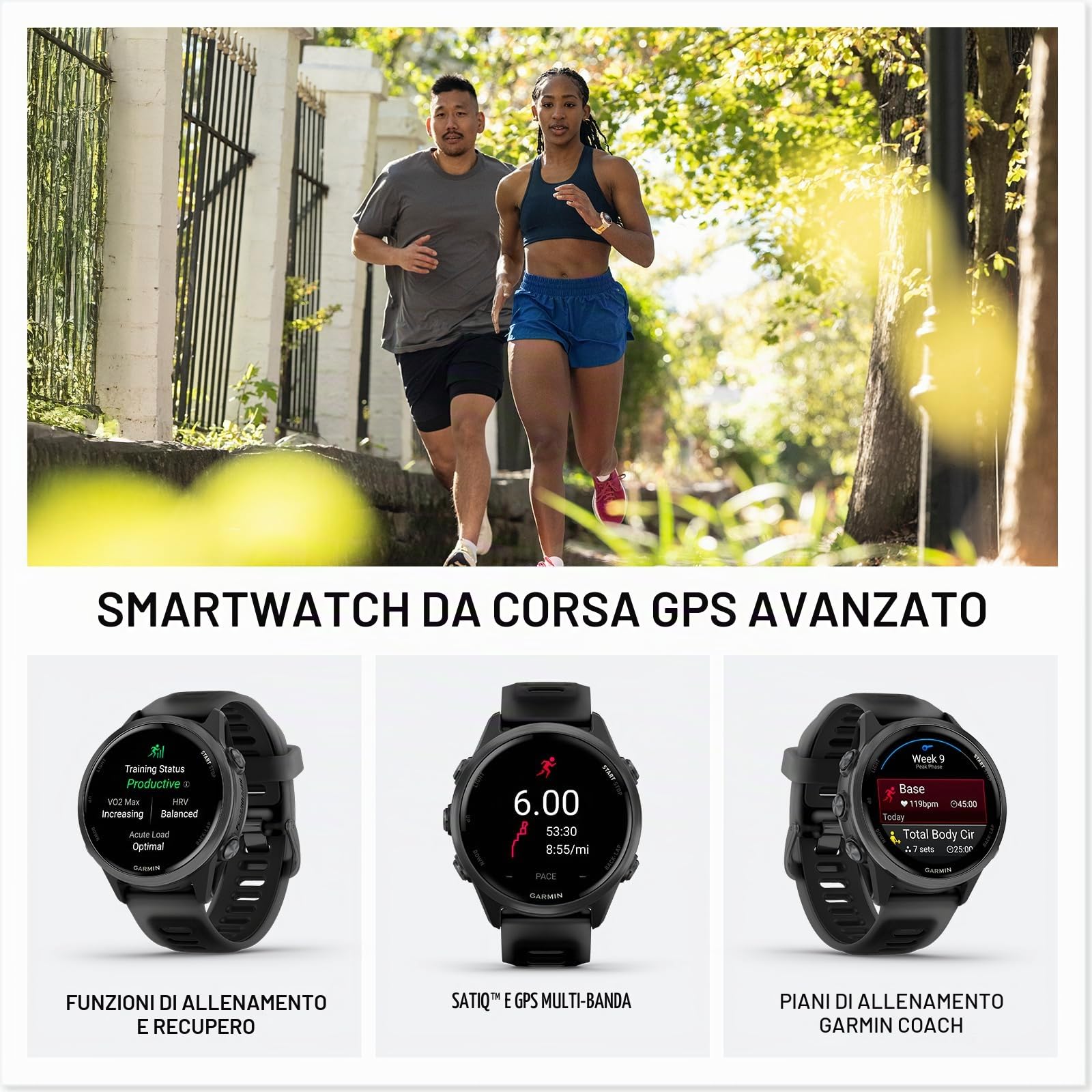Garmin® Forerunner® 570, 42 mm, smartwatch GPS avanzato per corsa e triathlon, display AMOLED, funzioni di allenamento e recupero, alluminio grigio ardesia con cinturino nero traslucido