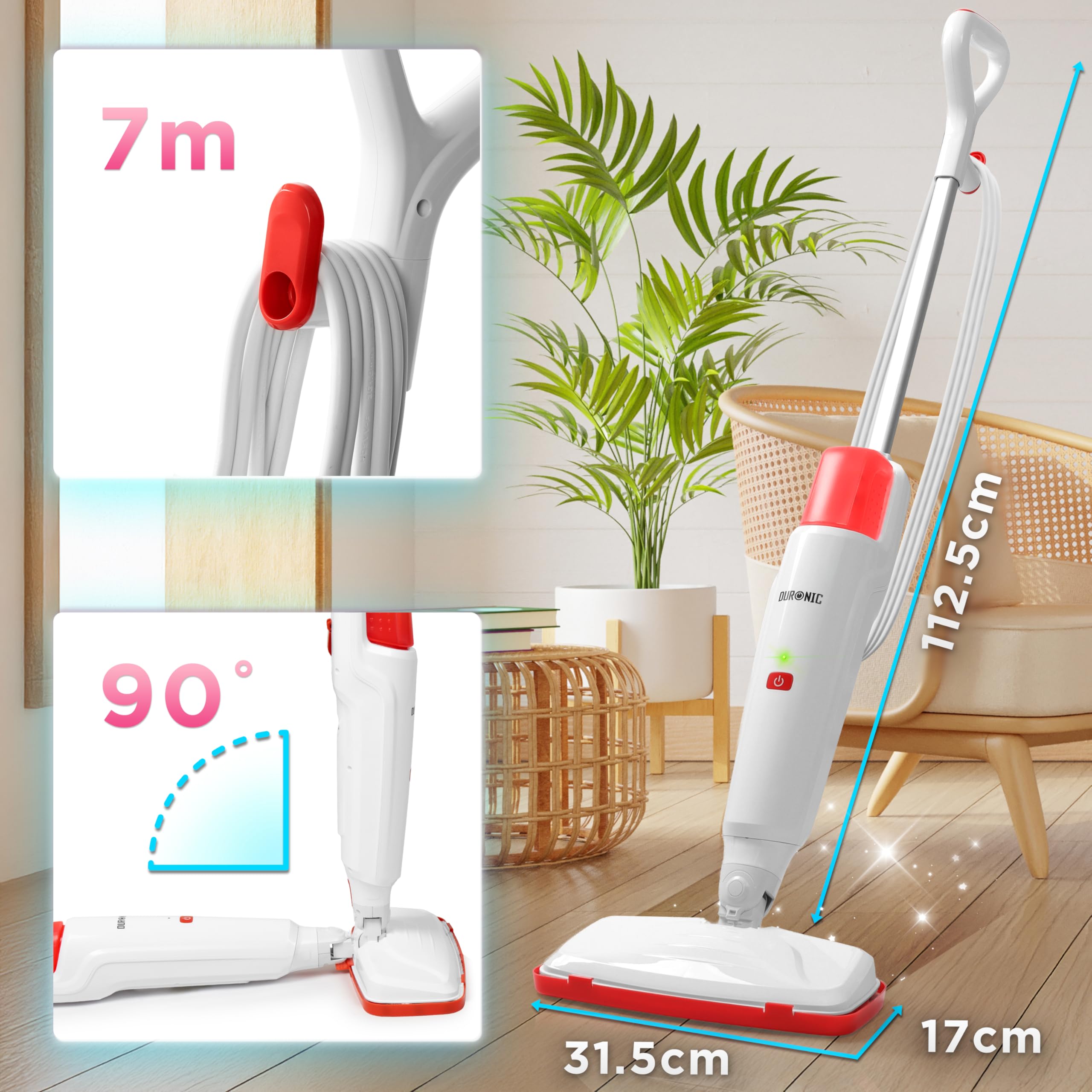 Duronic STM15 WE Scopa a Vapore 1050W, Lavapavimenti Senza Detergenti, Pulitore a Vapore per Pavimenti e Tappeti, Serbatoio 500 ml, Igienizza ed Elimina Batteri, Cavo 7 m, Bianco