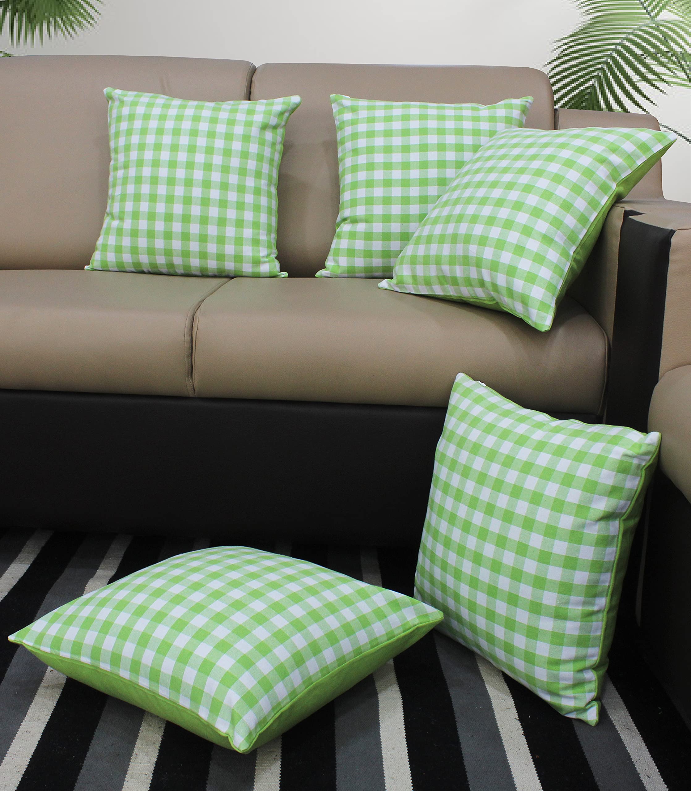 AIRWILL Cotton Gingham Check Green Themed Cushion Covers for Cushions & Pillows (Green & White, Pack of 5)-image-41