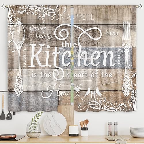 Riyidecor Cortinas rústicas de cocina de granja, cortas, tenedor y cuchara, tablero de madera retro, bolsillo para barra, cita divertida, para