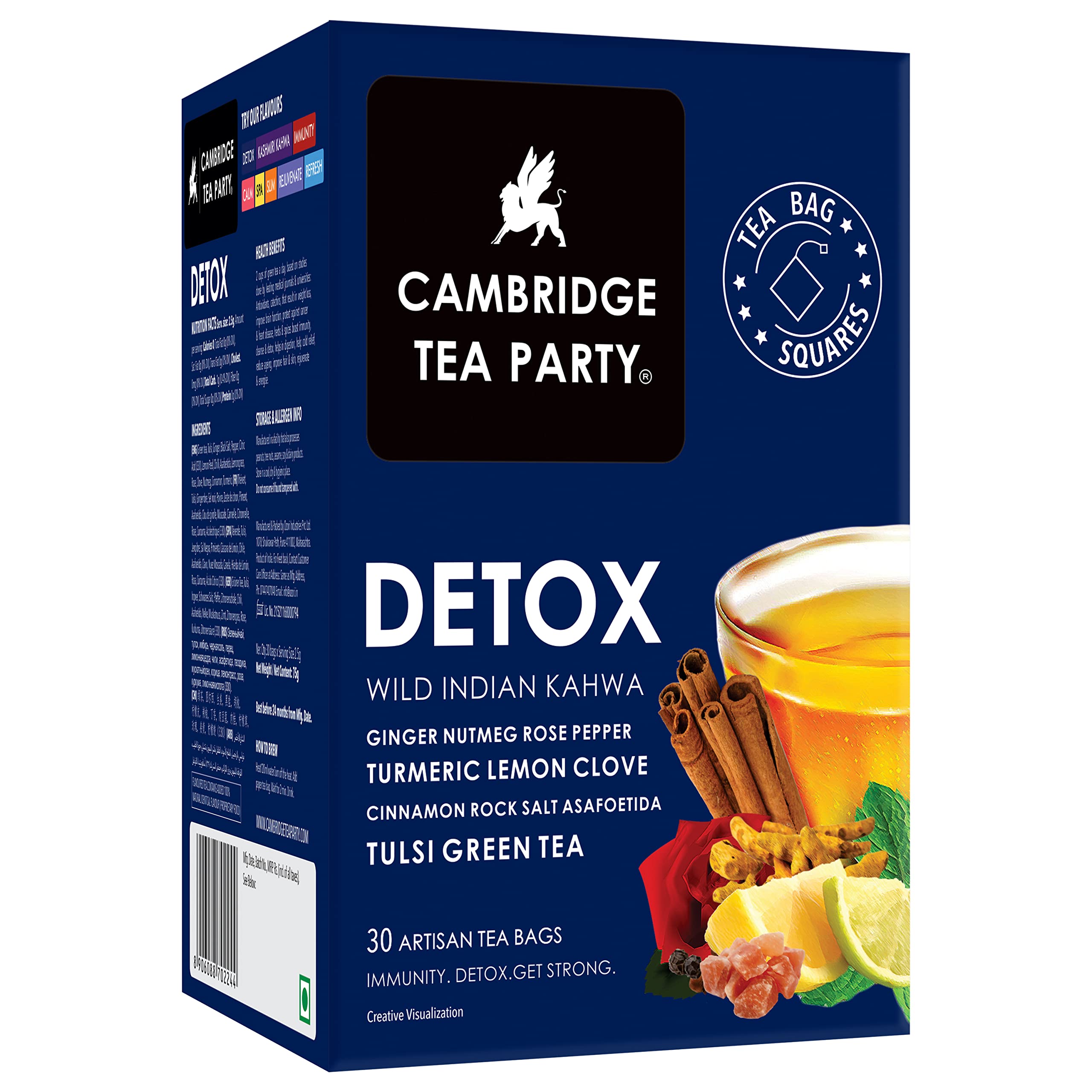 Buy Cambridge Tea Party Detox 30 Tea Bags, Wild Indian Kahwa, Turmeric Ginger Rose Lemon Clove