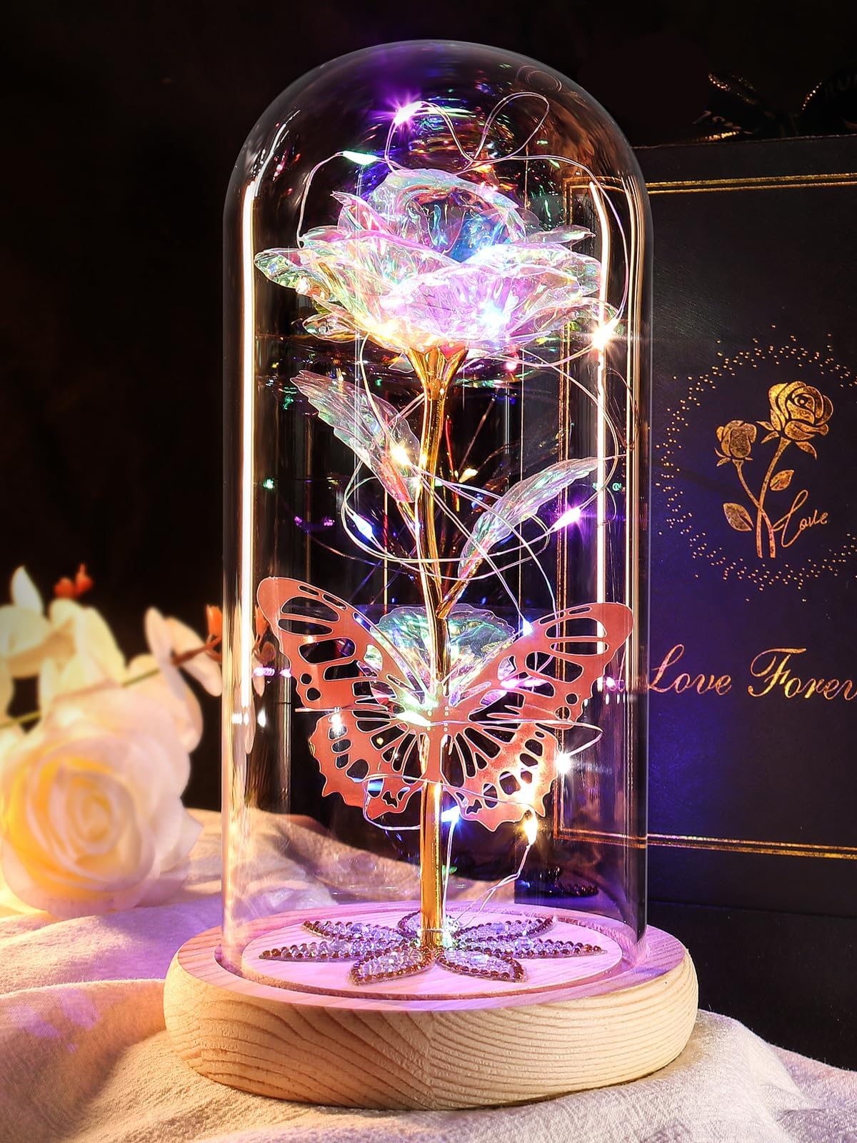 Beferr Birthday Flowers Gifts for Women Crystal Rose In Glass Dome for Her | Light Up Flower,Gifts for Mum,Eternal Rose w/LED for Grandma,Wife,Daughter,Sister,Christmas,Anniversary,Valentine's Day Gift