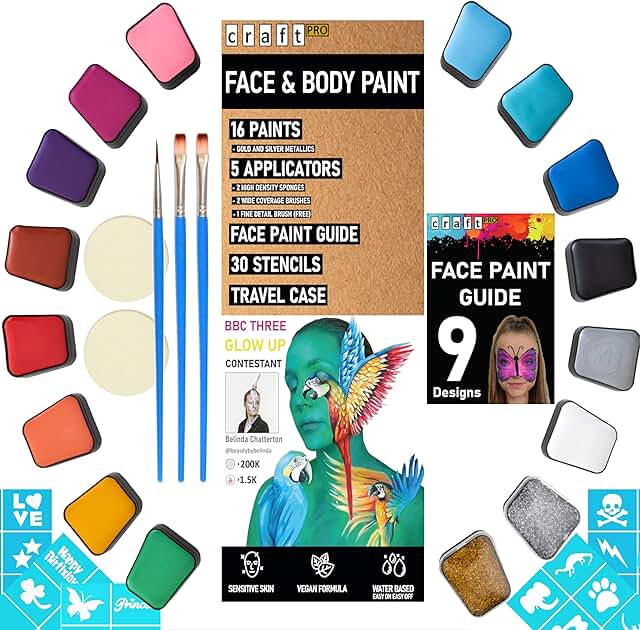 Craft Pro - Kids Face Paint Kit - Vegan + Cruelty Free (non-toxic). Includes Guidebook, Applicators, Stencils. Easy ON Eas...