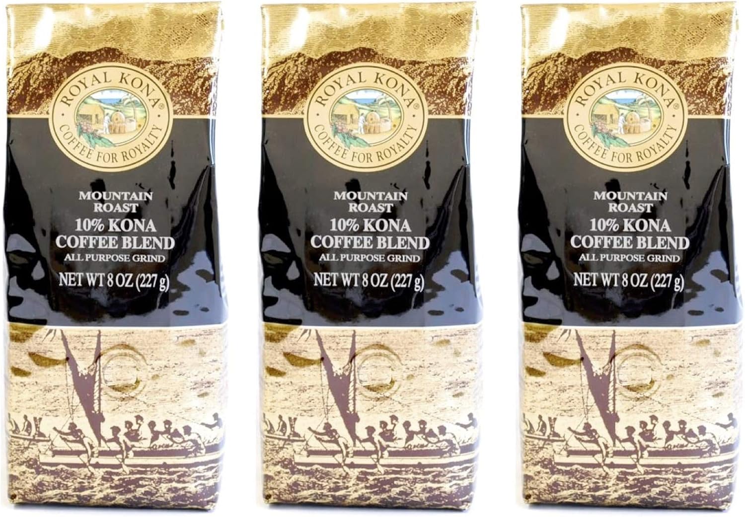 Royal Kona Mountain Roast 10% Kona Blend Ground Coffee - 3 Bags - 8 Oz. Bag each #w34