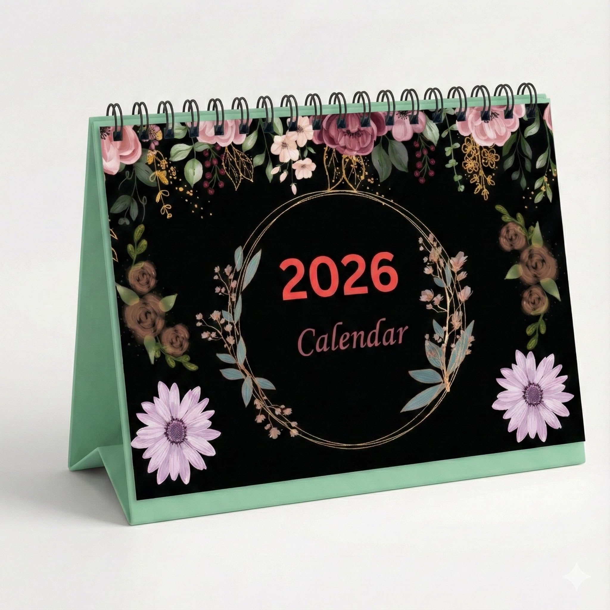 Thinkcrafts 2026 Desk Calendar with Floral Design, 8.5 x 6.5 Inches, Spiral-Bound Monthly Planner with Notes Section, Green Base Stand, Holiday Tracker