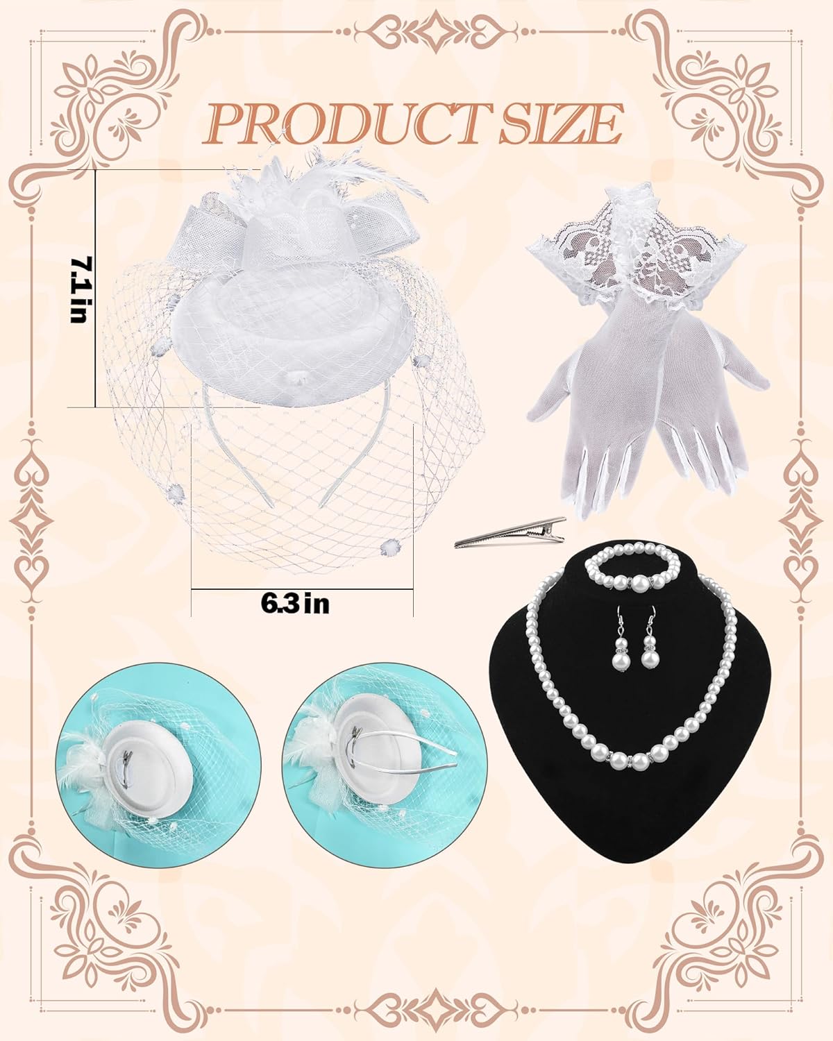 5Pcs Fascinator and Gloves Set for Women Tea Party Veil Mesh Funeral Cocktail First Communion - Image 6