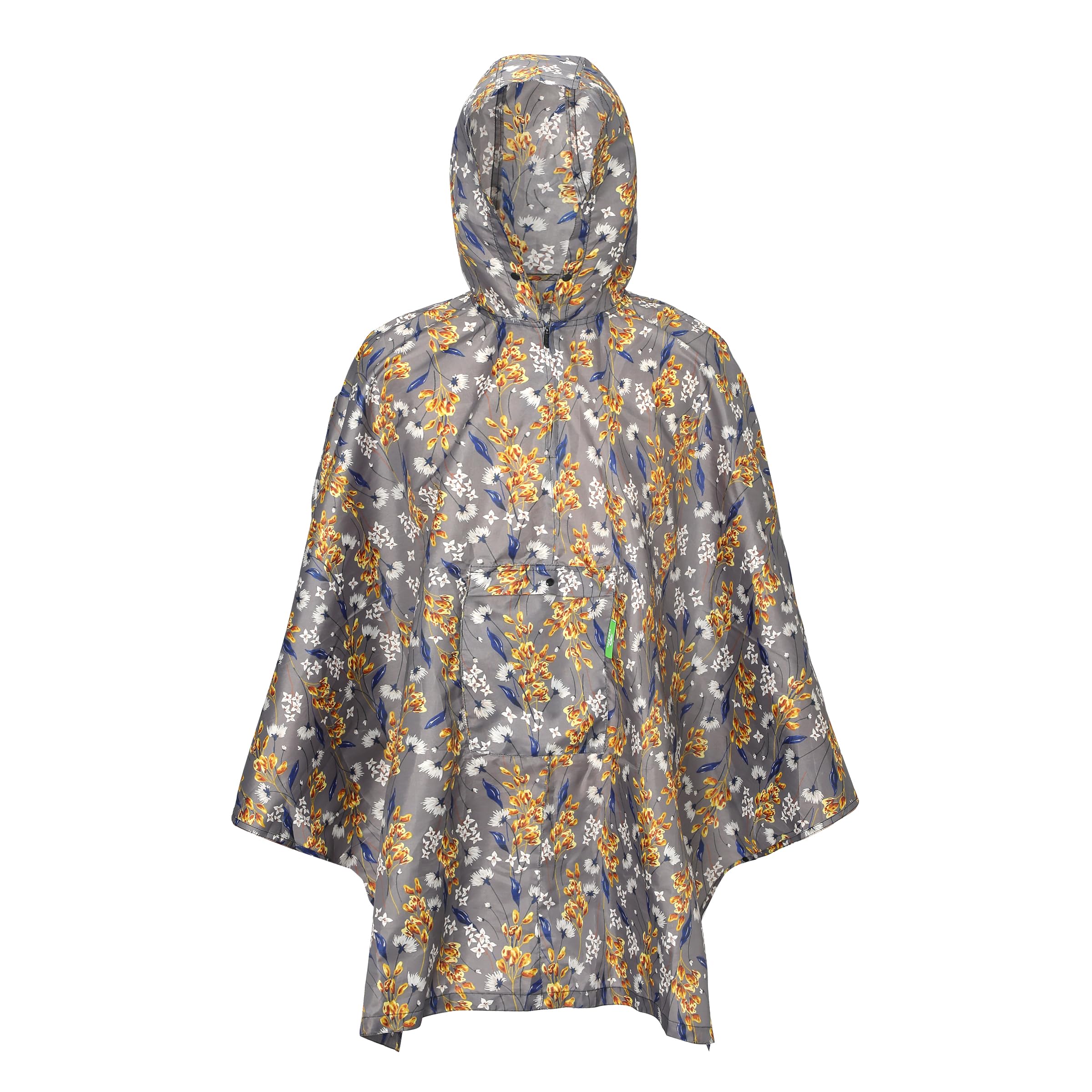 Eco Chic Unisex Flowers Grey Waterproof Foldable Adult Poncho Lightweight Reusable Raincoat With Hood (Flowers Grey)