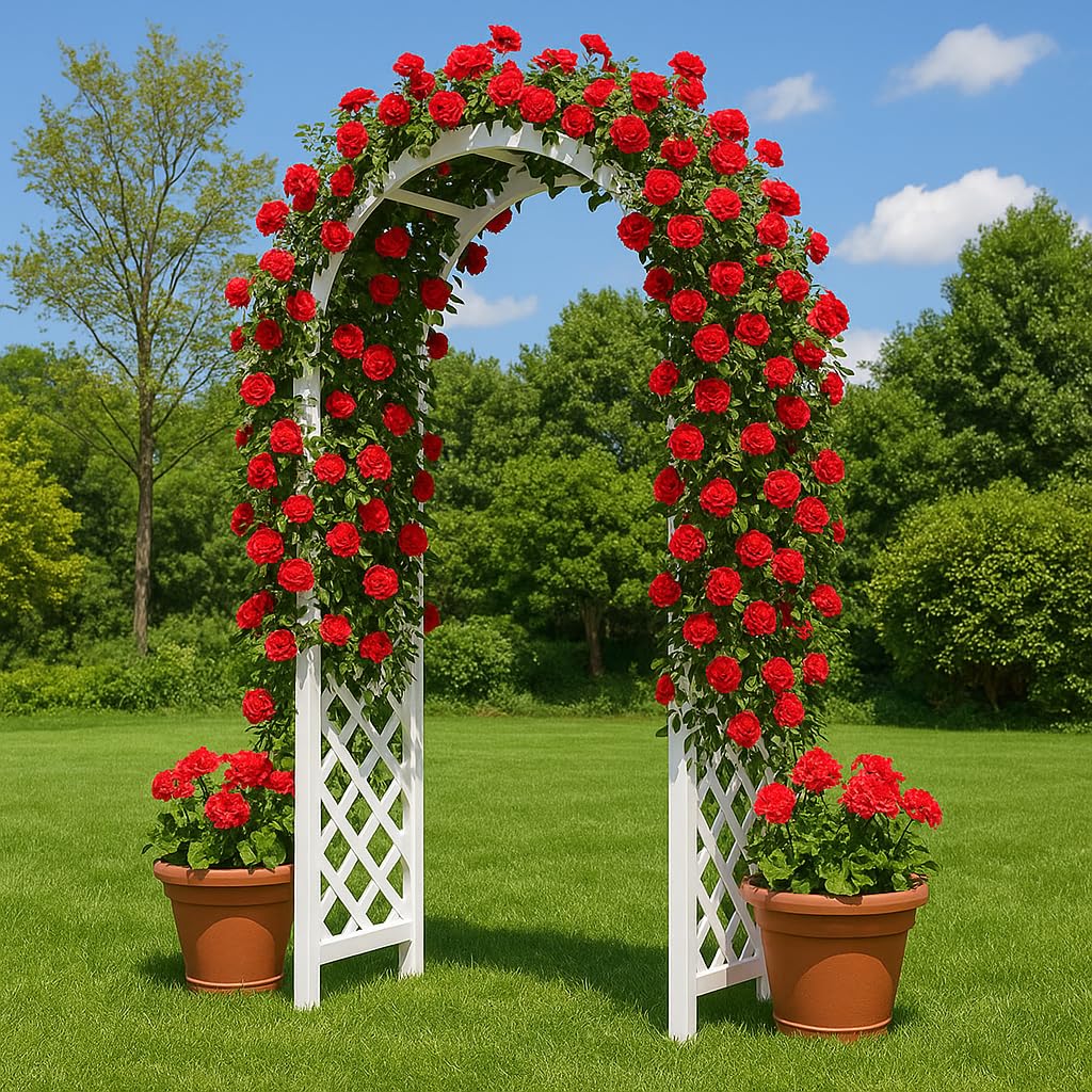 Zewnętrzna biała drewniana altana ogrodowa pergola - elegancka kratka łukowa do roślin pnących, wesel, patio, przy basenie i ścieżce ogrodowej, dekoracja 140 x 225 cm