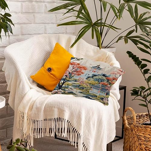 Miniatura 6 de Fundas de almohada suaves para exteriores de 20 x 20 pulgadas, estilo chinoiserie, pagoda asiática, blanco, coral, azul, elegante, funda de almohada