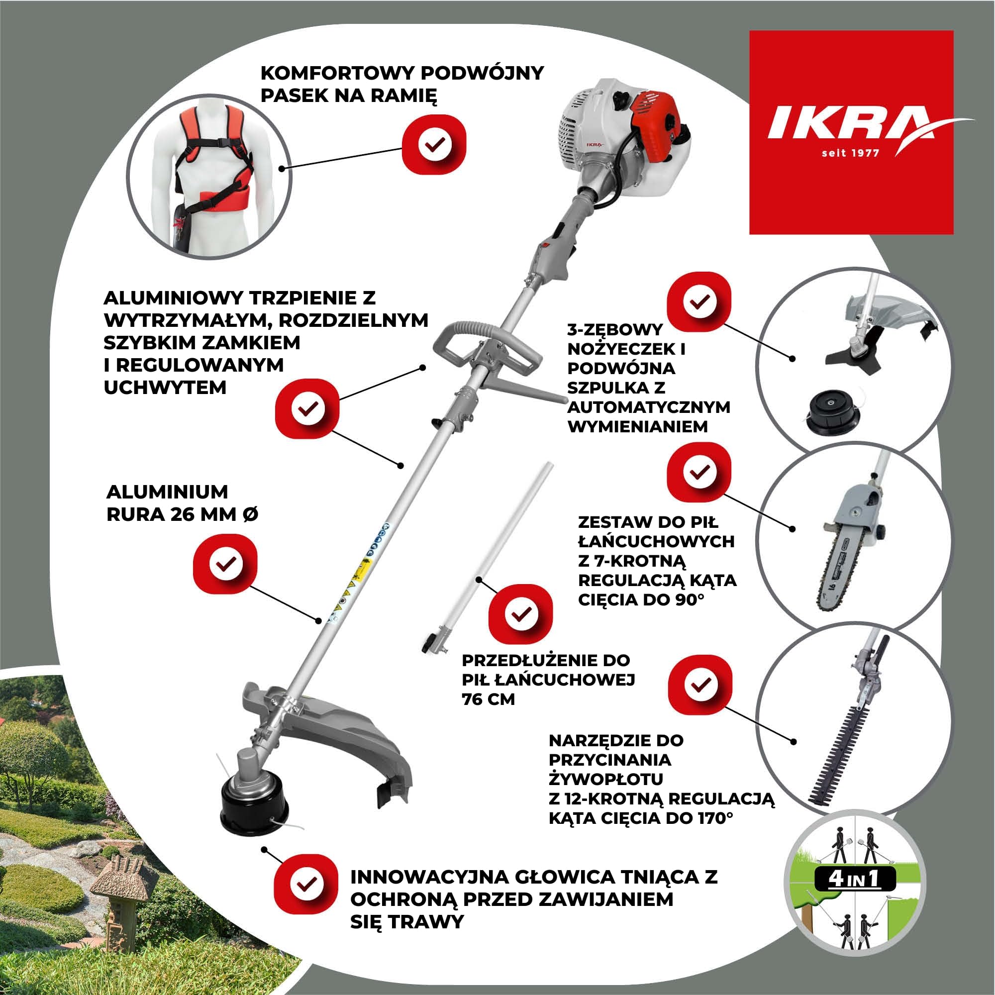 IKRA Urządzenie wielofunkcyjne 4w1 spalinowe IBKH 52-1, 1,5 kW pas na ramię | 4 urządzenia w 1: kosa, podkaszarka, nożyce i pilarka, przedłużka w zestawie, silnik 2-suwowy, system łatwego rozruchu