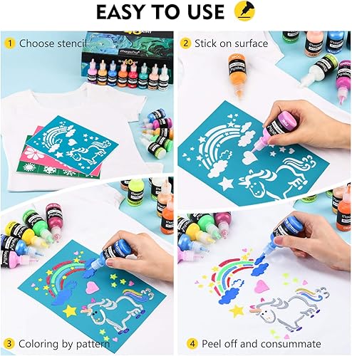 Miniatura 7 de Magicfly Pintura permanente para tela 3D, 40 colores, pintura de tela con colores vibrantes, 3 pinceles y plantillas adicionales, ideal