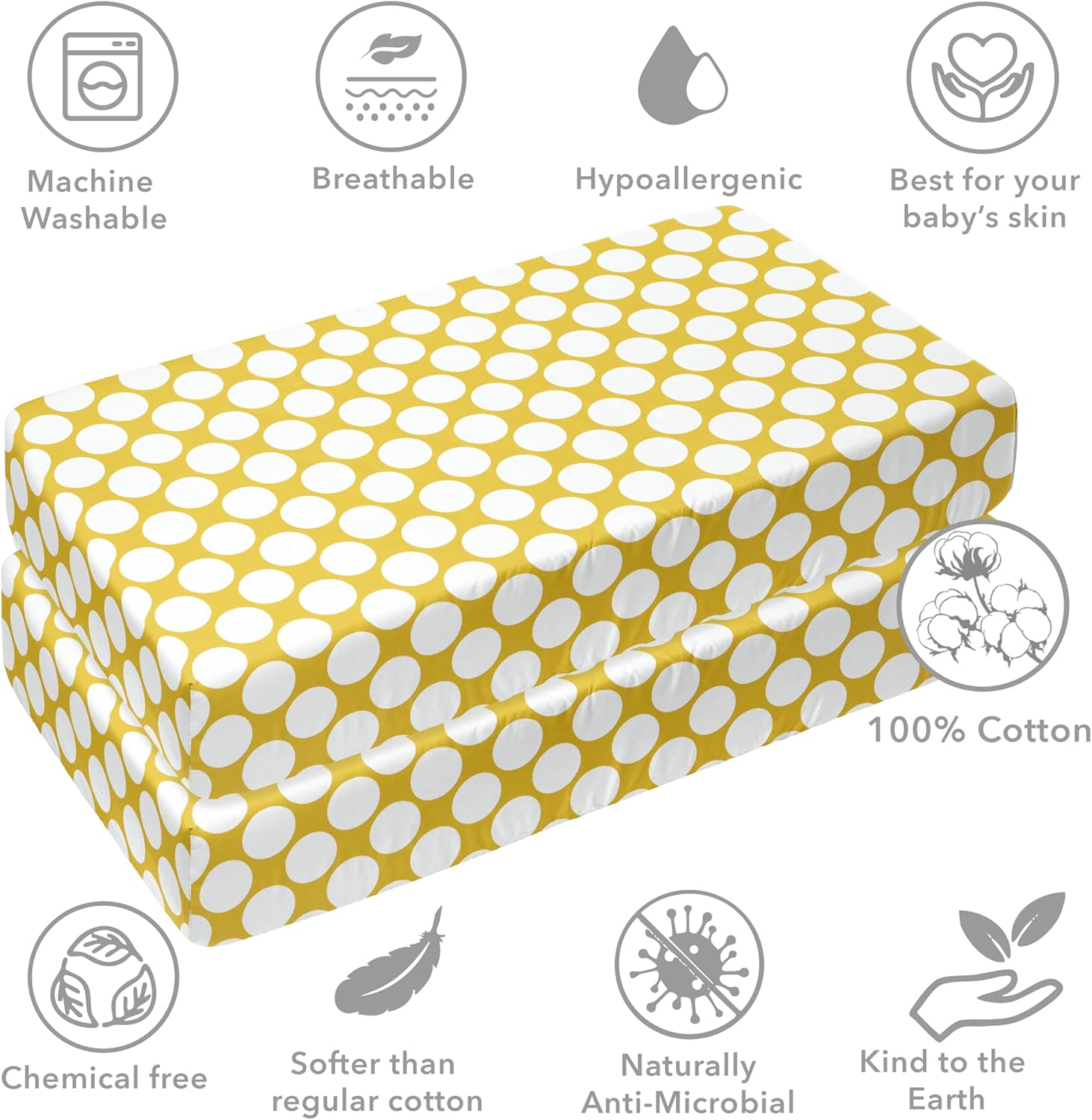 Bacati - 2 Pack Large DOTS Soft Breathable 100% Cotton Percale Baby Crib Fitted Sheets - Fits Standard 28 x 52 x 5 Crib & Toddler Mattresses (Yellow)