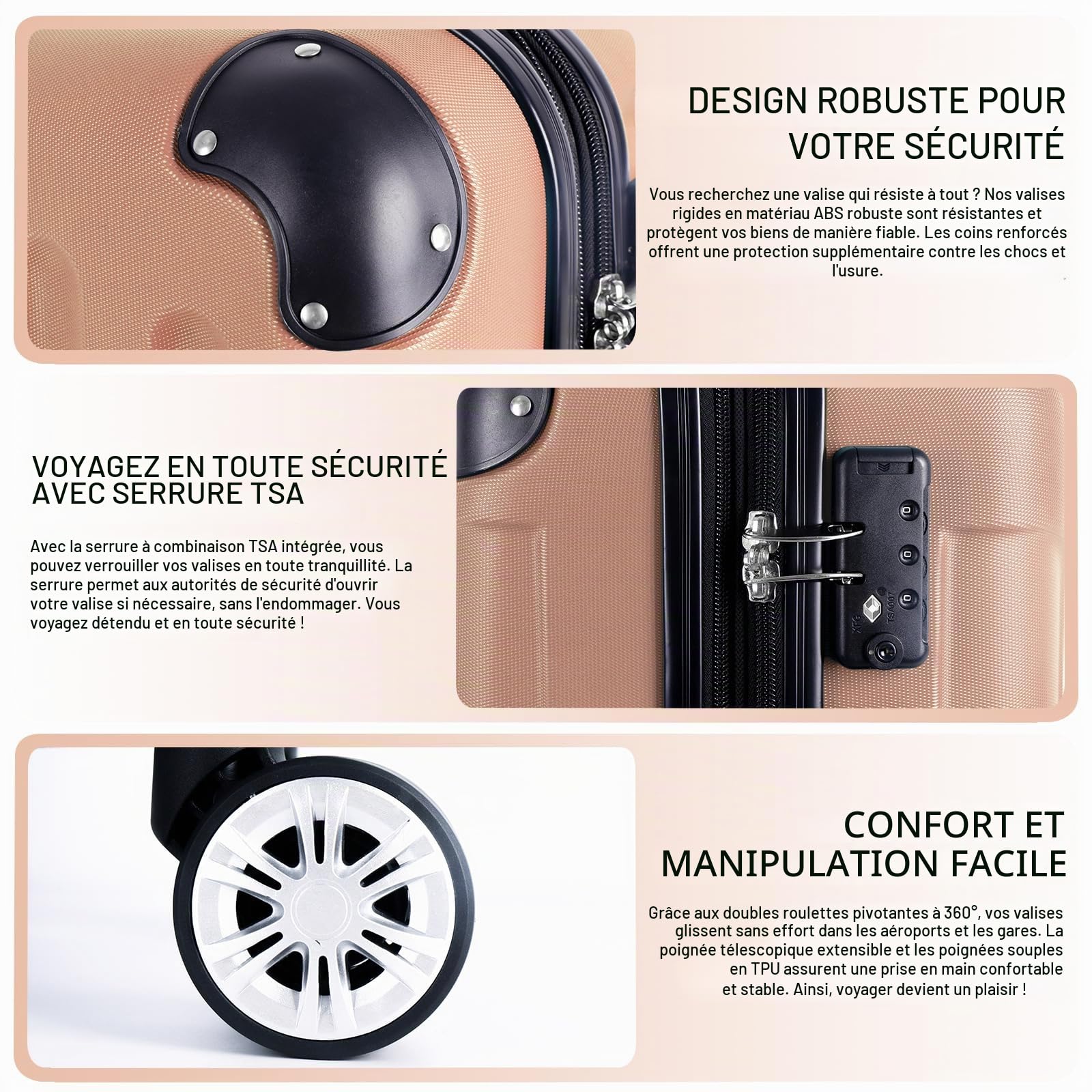 Set de 3 valises rigides en ABS, serrure TSA, capacité extensible - Tailles M, L, XL - Protection coins, roulettes silencieuses 360°, poignée télescopique, convient pour bagage cabine & empilable