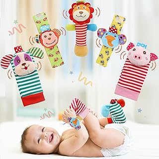 Soft Baby Toy, Wrist Rattle & Foot Finder Socks, Handheld Rattles and Rattle Socks, Foot Rattle Leg Rattle Ankel Rattle, Newborn Baby Rattle Toys for Infant Boy or Girl (5 PCS-A)