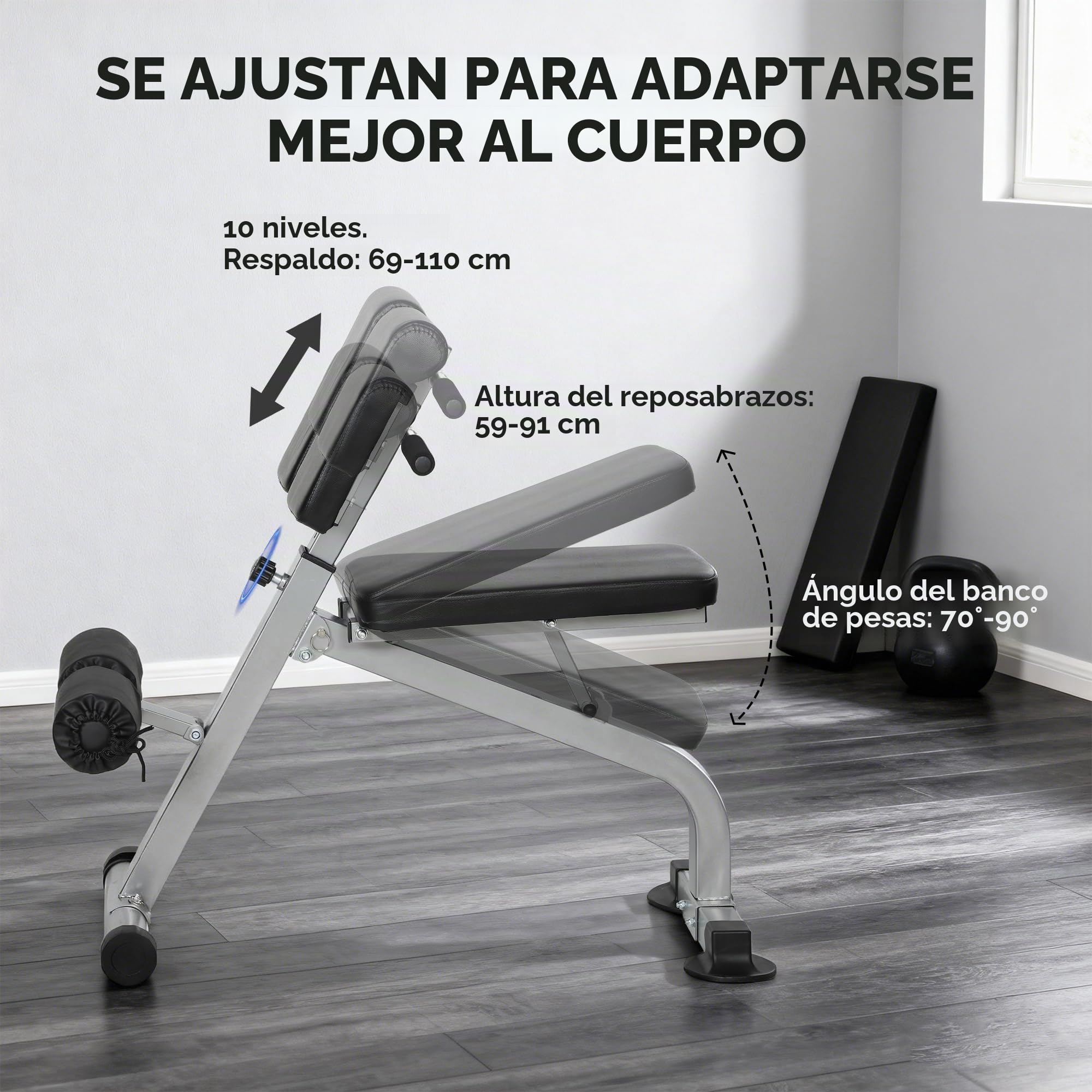SPORTNOW Banco Romano Multifuncional, Silla Romana Plegable con Inclinación de Altura Ajustable para Hiperextensión de Espalda, Banco de Pesas Fitness para Entrenamiento en Gimnasio en Casa, 150kg de