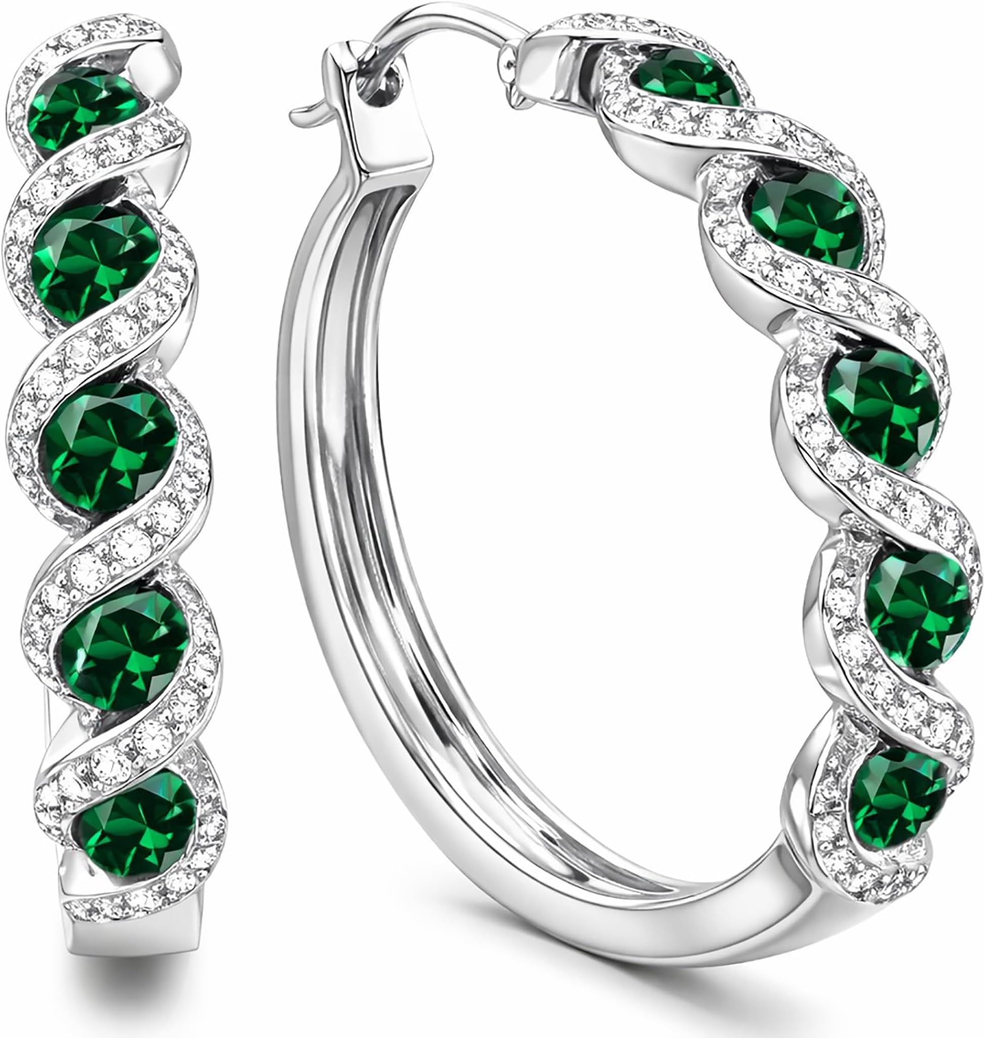 Round Lab Created Gemstone & White Natural Diamond 5 Stone Swirl Hinged Post Hoop Earrings for Women in 925 Sterling Silver