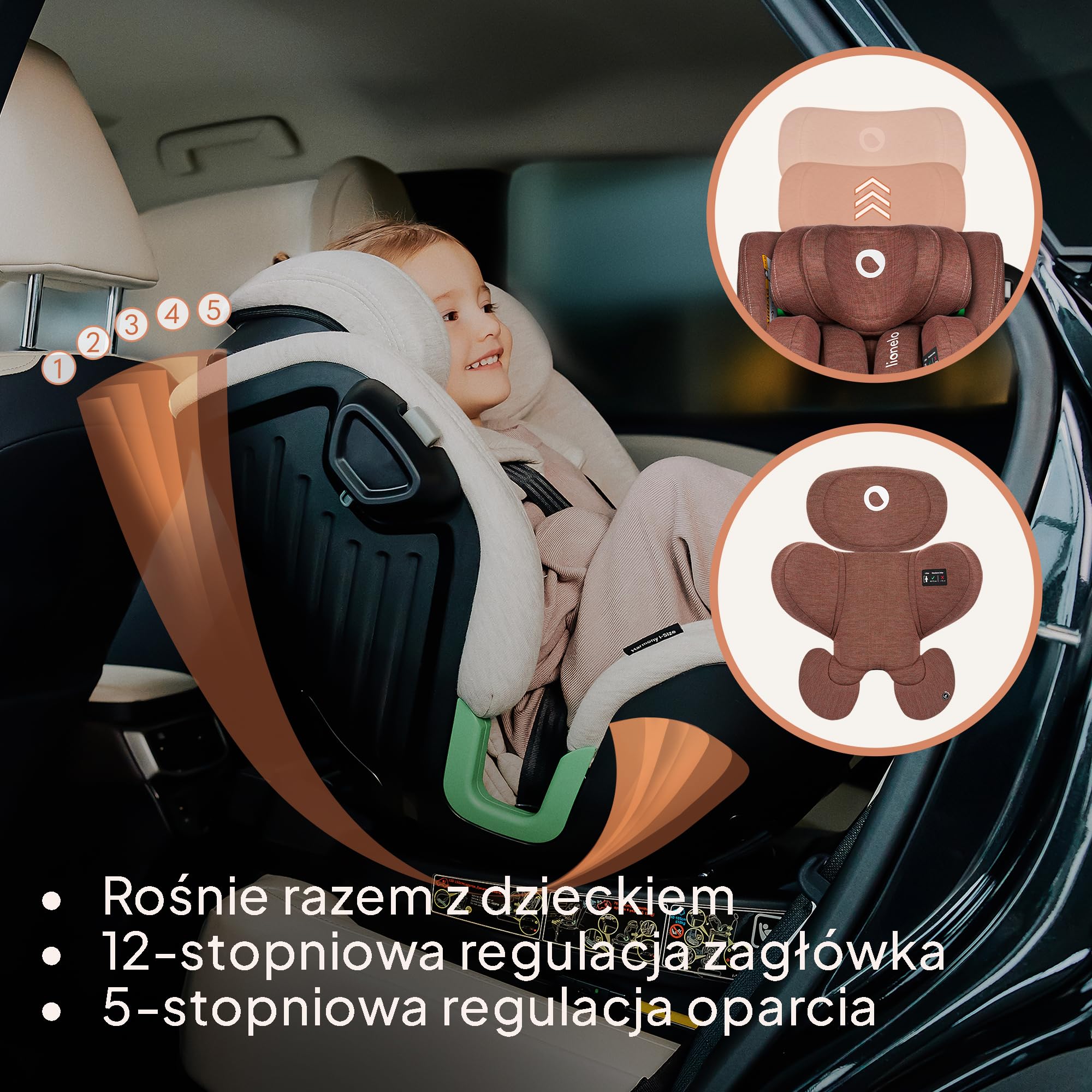 LIONELO HARMONY I-SIZE Fotelik Samochodowy Obrotowy 360° dla Dzieci 40-150 CM, Montaż ISOFIX+Noga Stabilizująca, Regulacja Zagłówka i Oparcia, Wkładka Redukcyjna Dri-Seat