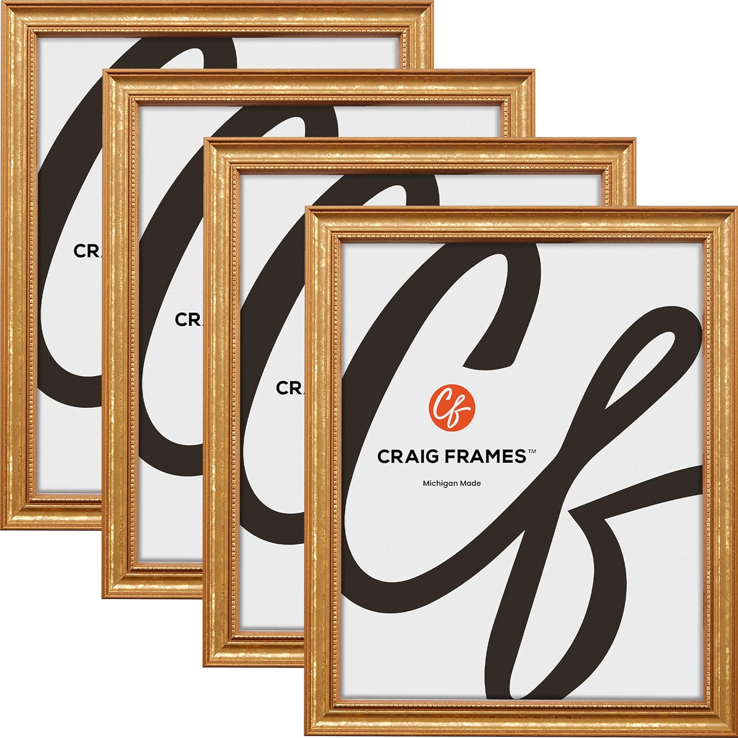 Craig Frames 8.5x11 Picture Frame – Gold Ornate Style, 3/4 Inch Wide Solid Wood Moulding with Vintage Beaded Detail, Glass and Backing Included, Wall Display Frame for Art and Photos, Set of 4