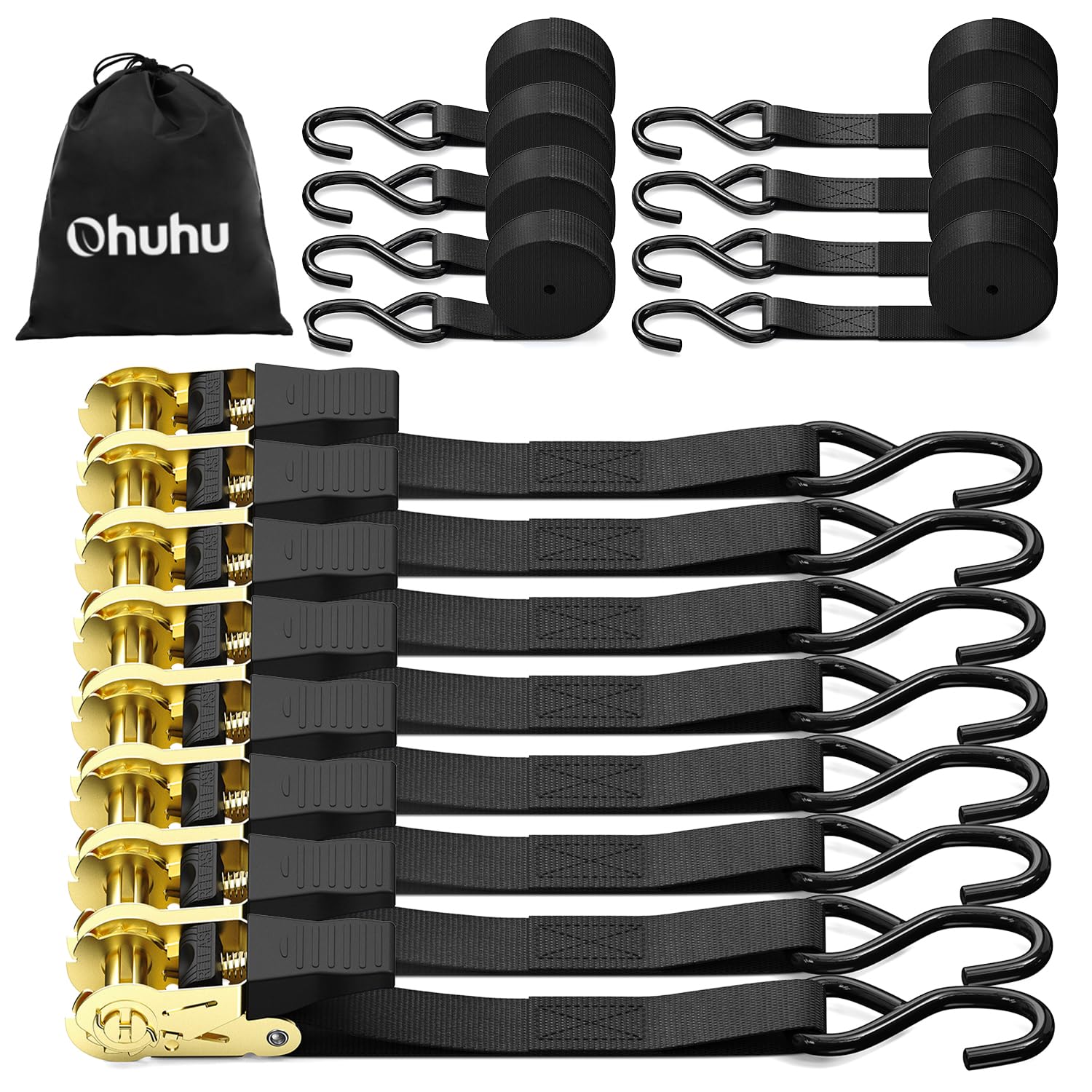 Cinghie a cricchetto, Ohuhu 680kg Cinghie con Cricchetto Cinghie di Fissaggio da 4,6m, Cinghie di Tensione con Cricchetto e Gancio Cinghie di ancoraggio Cinghia di fissaggio (Nero)