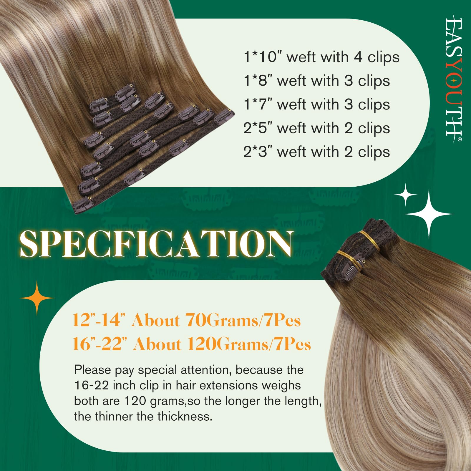 Easyouth Hair Clip Extensions 14 Inches 120g Pack of 10 Colour Off Black Fade To Ash Blonde Remy Hair Clip Hair Extensions - Image 3
