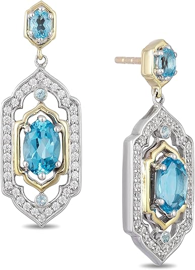Jewelili Enchanted Disney Fine Jewelry Sterling Silver and 10K Yellow Gold 6x4 MM and 3x2MM Oval Cut and Round Swiss Blue Topaz with 1/5 Cttw Natural White Round Diamond Jasmine Dangle Earrings