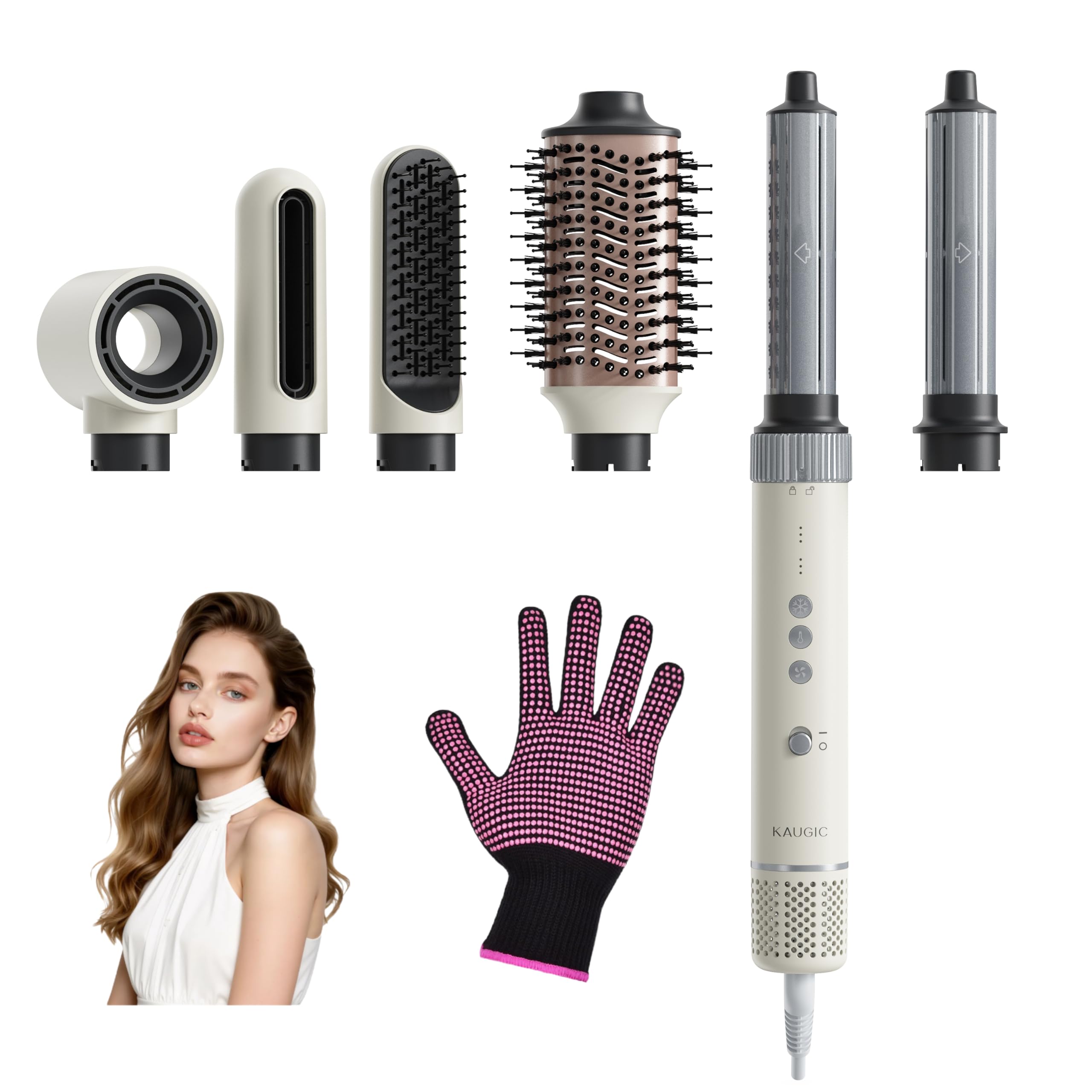 6-in-1 Hairstyler, Airstyler, Lockenstab, Ionen Föhn Locken oder Glätten, Föhnbürste Warmluftbürste Rundbürstenföhn Lockenföhn Haartrockner Haarstyling Geräte für Muttertagsgeschenk - Cremeweiß