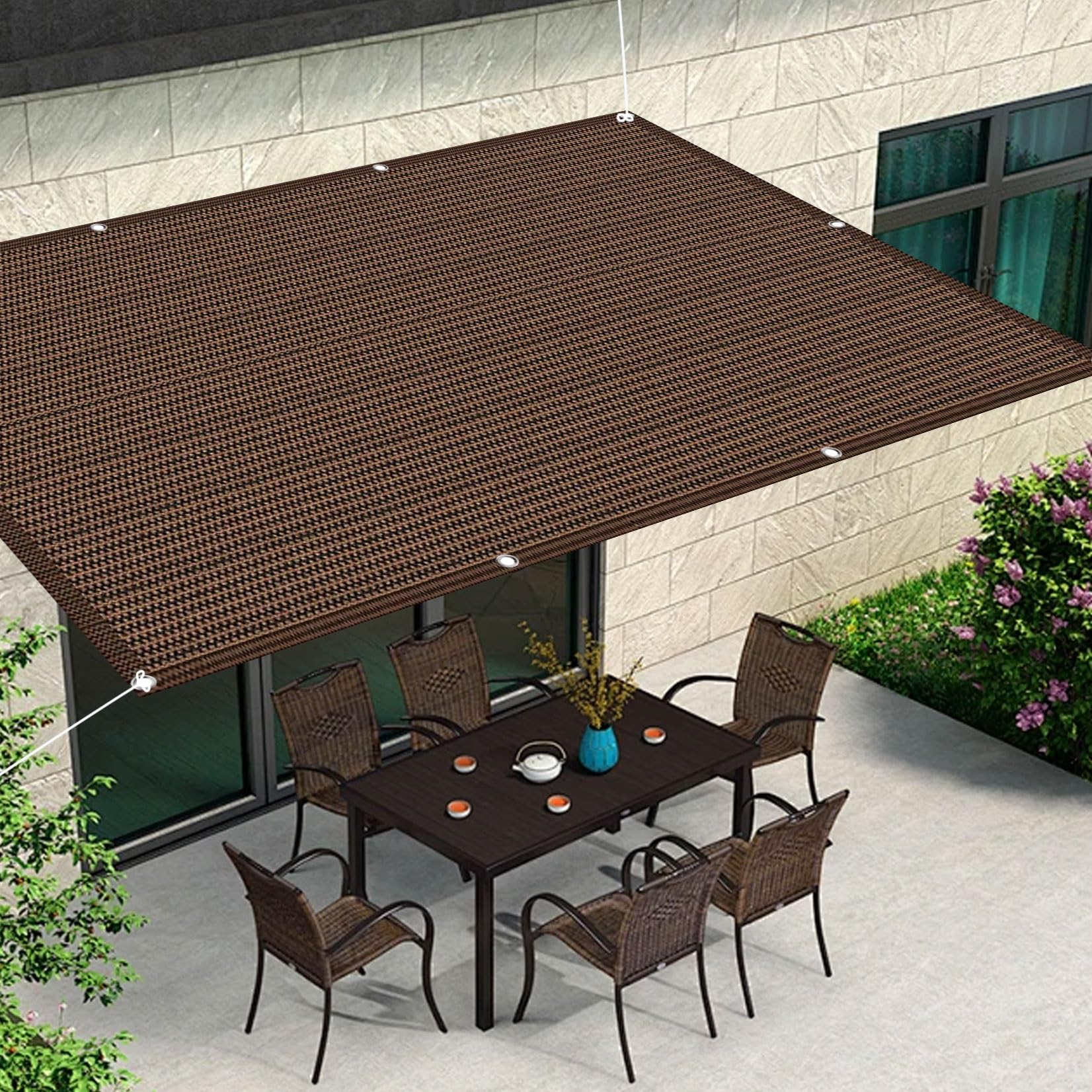 Voile d'ombrage terrasse jardin extérieur marron avec cordons de pose