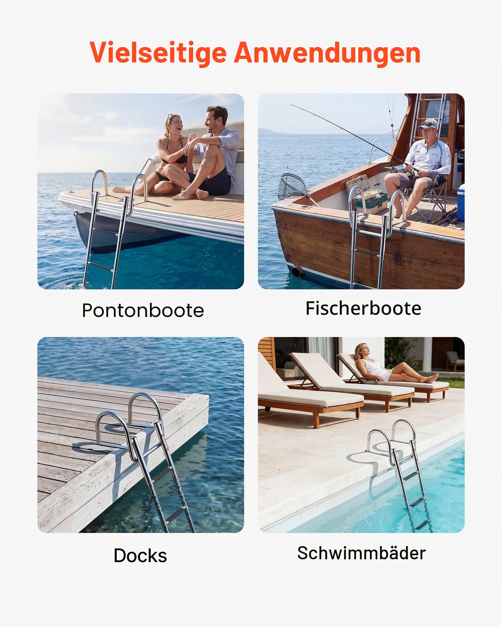 VEVOR Bootsleiter Ausziehbar, Badeleiter mit 4 Stufen Rutschfestem Pedal & Handlauf, Schwimmdeckleiter mit 272 kg Tragkraft für Heckeinstieg, Teleskopleiter aus Edelstahl für Boote Docks Pontons Pool
