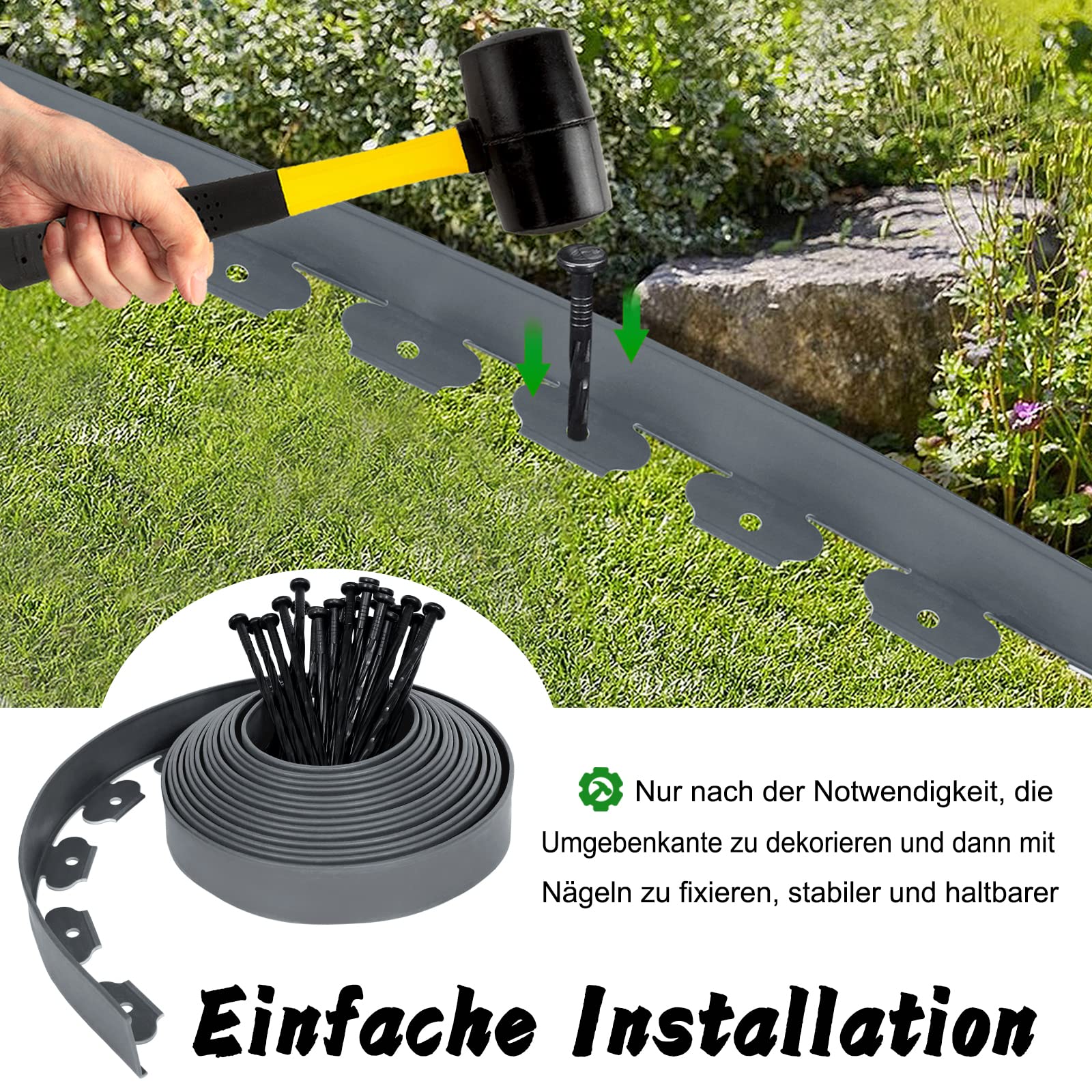 LZQ Borde para césped de plástico flexible con 30 clavos de fijación para jardines, césped y piedras, 10 m de largo, color gris claro