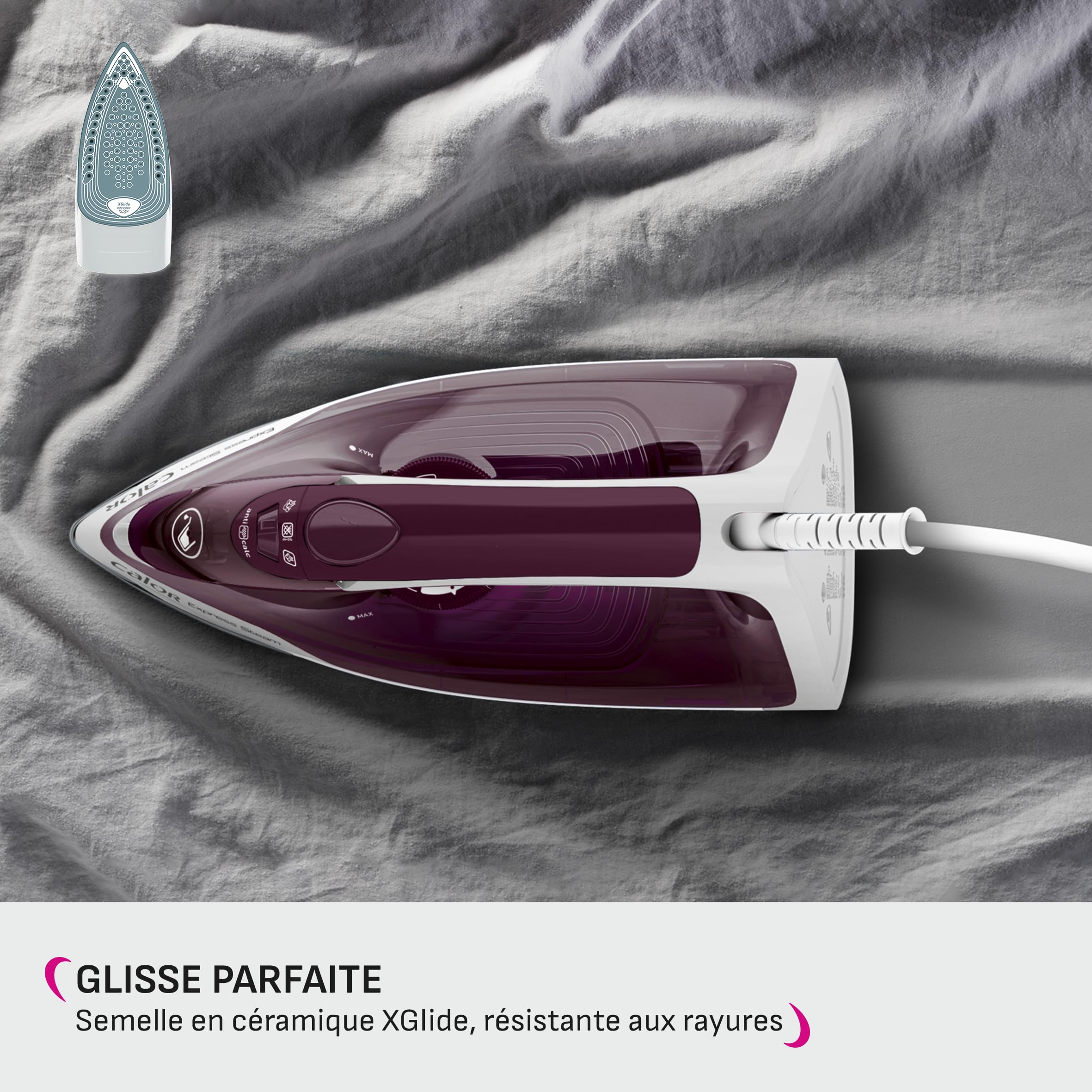 Calor Express - Plancha de vapor, 2400 W, flujo de vapor 35 g/min, función de prensado 160 g/min, Suela de cerámica, Desarrugado vertical FV2835C0, Granate