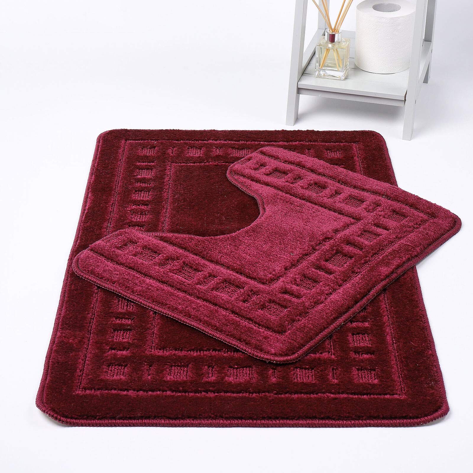 Ethel May Bath Mat & Pedestal Mat Diem 2 Piece Sets Bathroom Mats Shower U-Shaped Contour Toilet Mat Plush Non-slip Antibacterial Rubber Back Rugs (Burgundy)